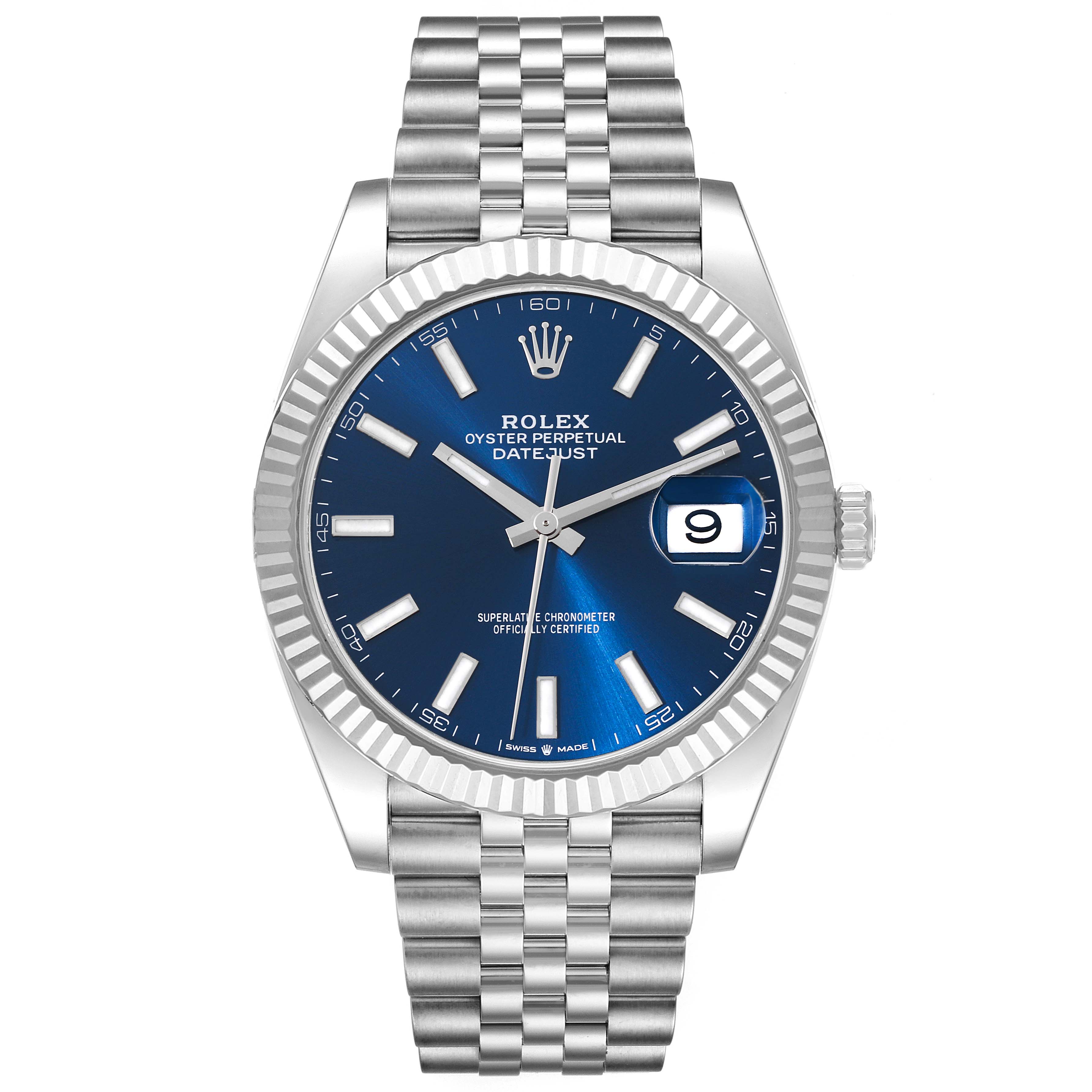 The image shows a frontal view of a Rolex Datejust 41 126334 Men
s Stainless Steel Blue Dial 126334 Men
s Stainless Steel Blue Dial watch, displaying its blue dial, date window, and metal bracelet.