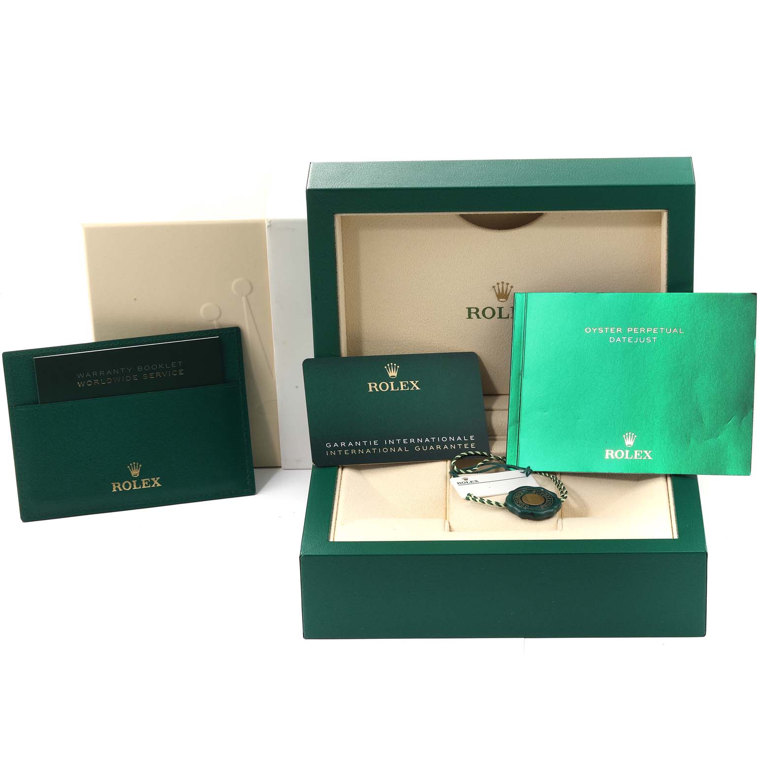 The image shows a front view of the Rolex Datejust 41 126334 Men
s Stainless Steel Blue Dial 126334 Men
s Stainless Steel Blue Dial watch accessories, including a box, warranty card, and booklets.