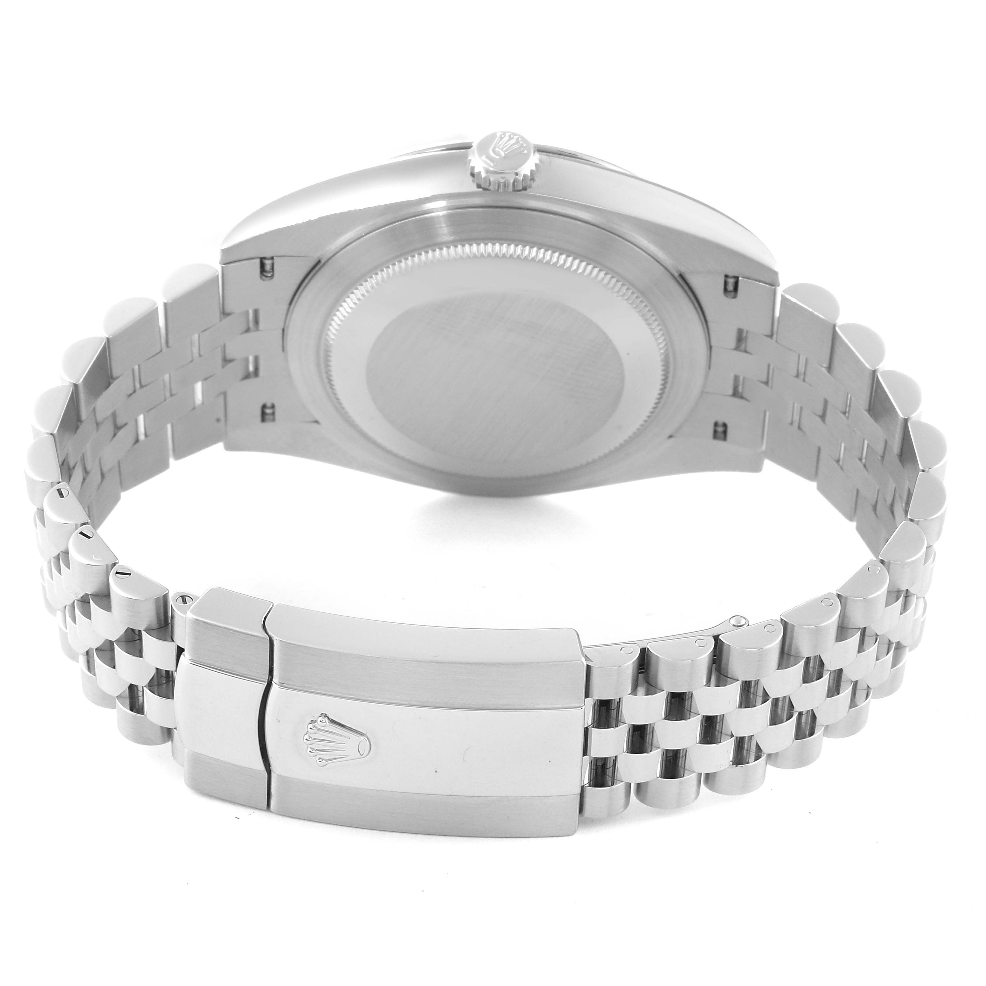 This image shows the back view of a Rolex Datejust 41 126334 Men
s Stainless Steel Blue Dial 126334 Men
s Stainless Steel Blue Dial watch, focusing on the case back and bracelet with a clasp.