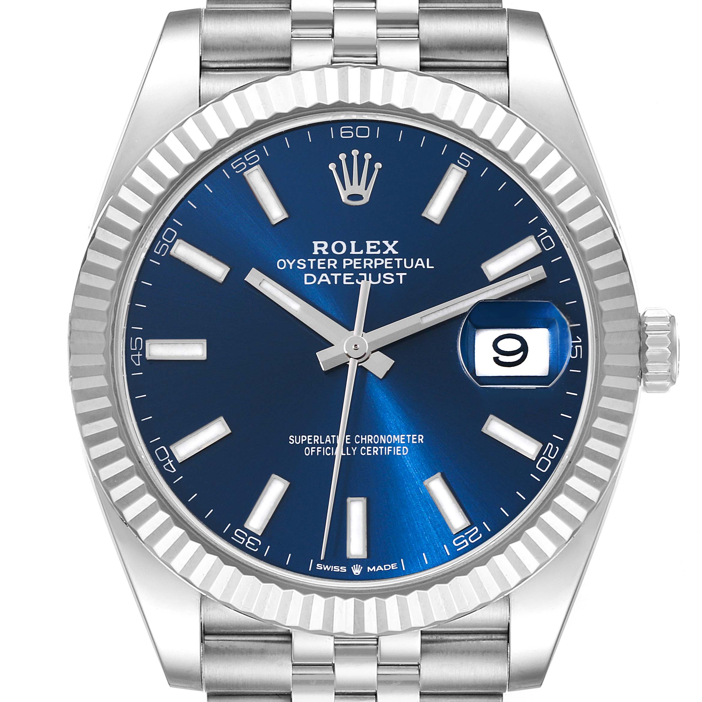 The image shows a frontal view of the Rolex Datejust 41 126334 Men
s Stainless Steel Blue Dial 126334 Men
s Stainless Steel Blue Dial watch, showcasing its blue dial, date window at 3 o
clock, and fluted bezel.