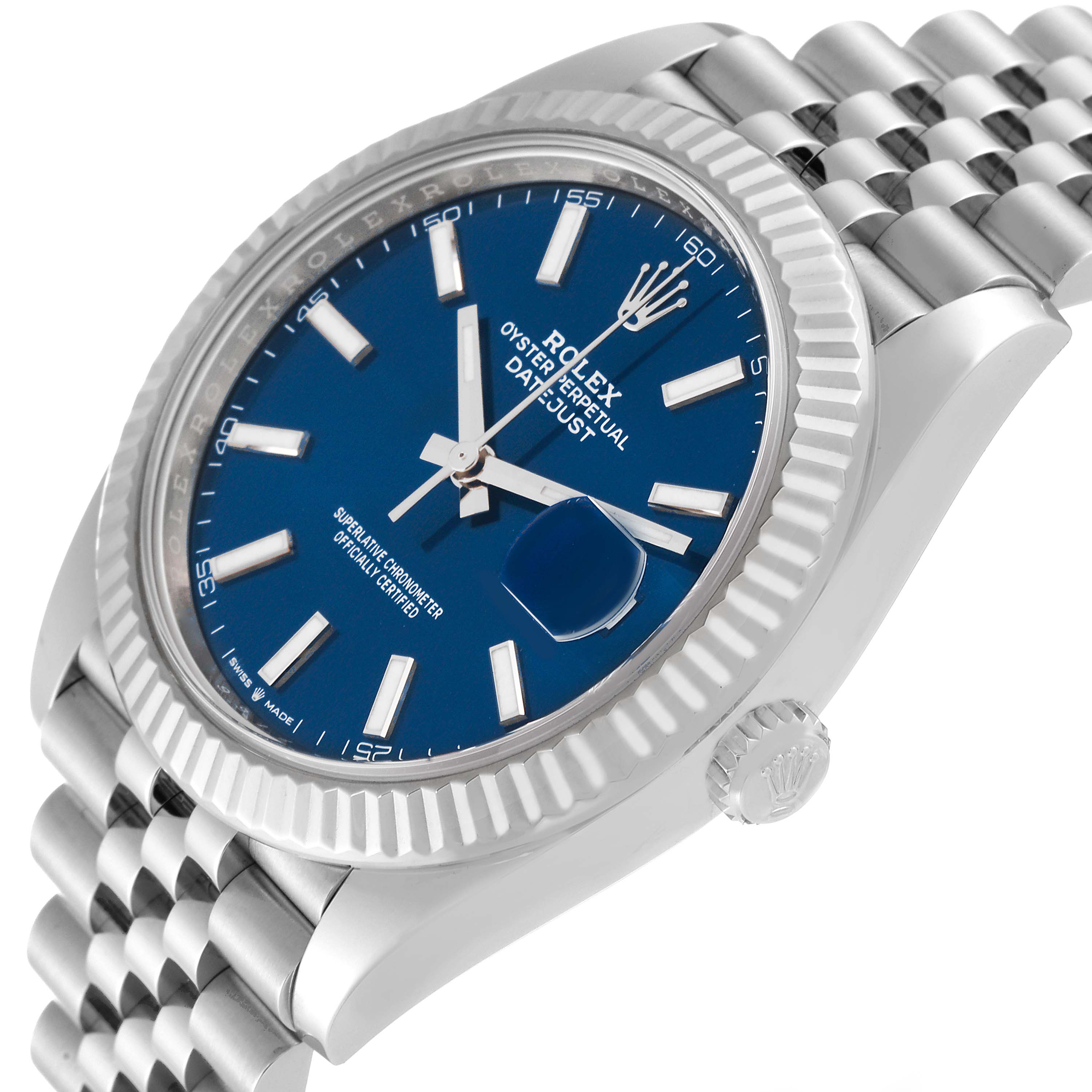 The Rolex Datejust 41 126334 Men
s Stainless Steel Blue Dial 126334 Men
s Stainless Steel Blue Dial watch is shown at a slight angle, displaying its blue dial, fluted bezel, and Jubilee bracelet.