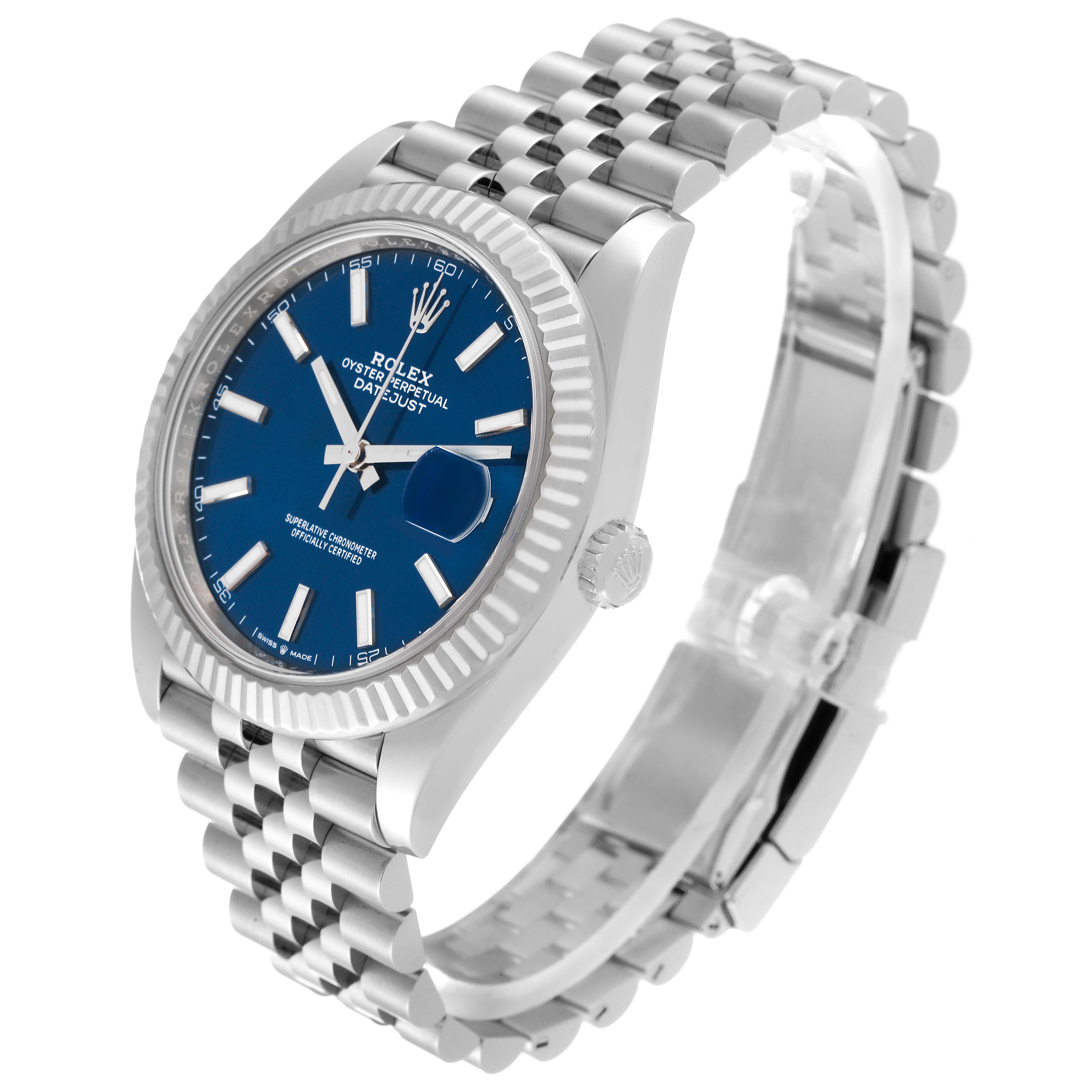 The image shows a Rolex Datejust 41 126334 Men
s Stainless Steel Blue Dial 126334 Men
s Stainless Steel Blue Dial watch at a three-quarter angle, highlighting its blue dial, fluted bezel, and Jubilee bracelet.