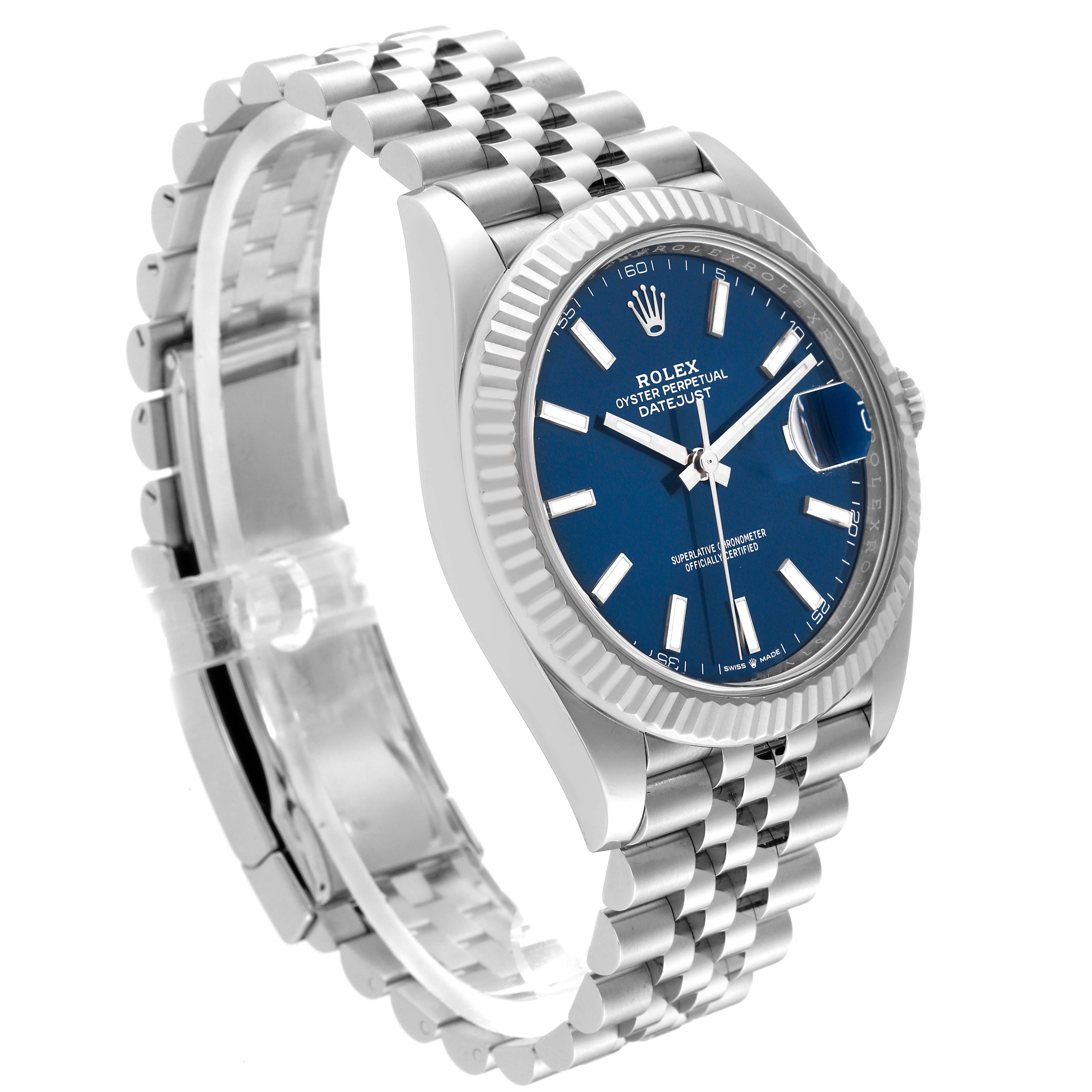 The Rolex Datejust 41 126334 Men
s Stainless Steel Blue Dial 126334 Men
s Stainless Steel Blue Dial watch is shown at a slight angle, showcasing its blue dial, bezel, and jubilee bracelet.