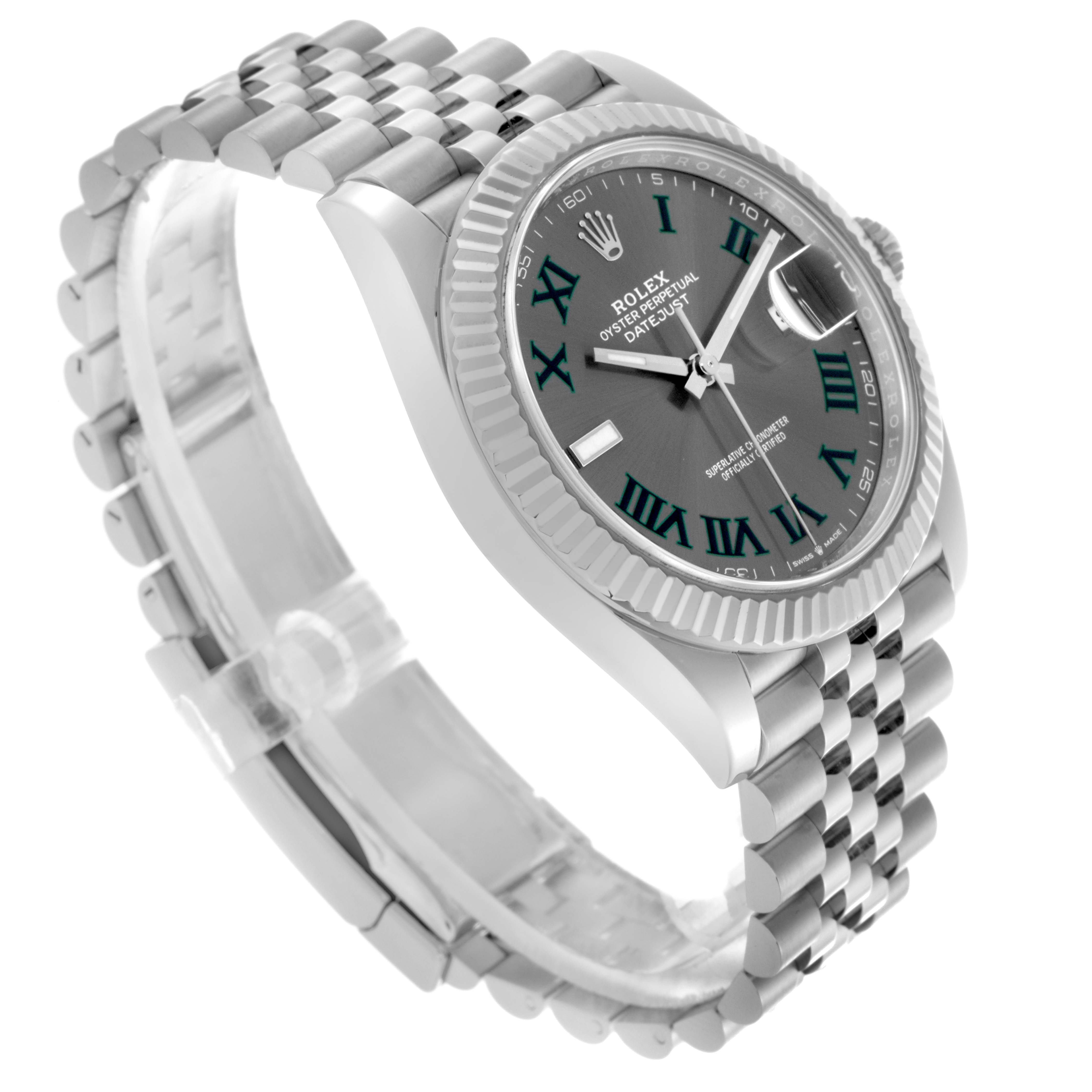 The Rolex Datejust 41 126334 Men's Stainless Steel Grey Dial 126334 Men's Stainless Steel Grey Dial is shown at a three-quarter view, highlighting the dial, bezel, crown, and Jubilee bracelet.