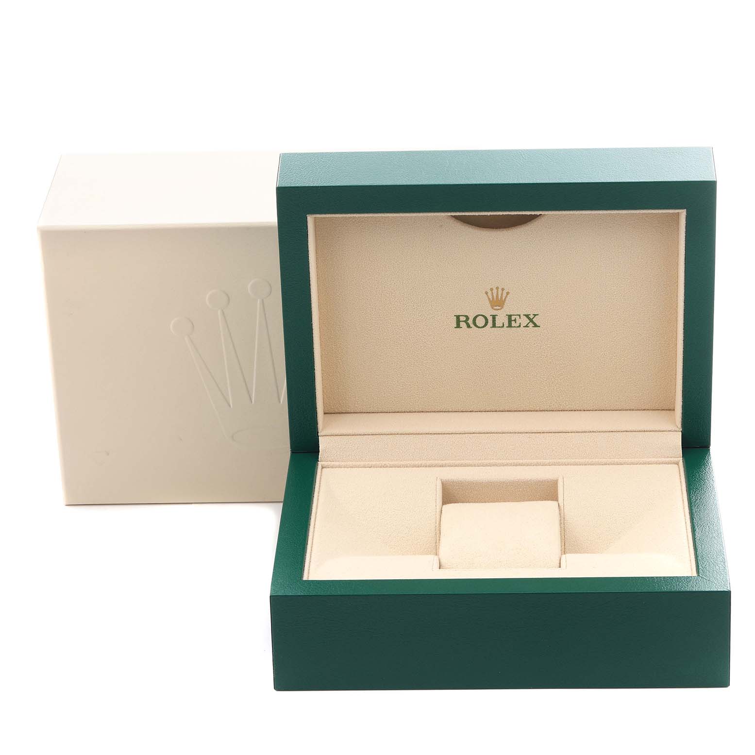 The image shows an open Rolex Datejust 41 126334 Men's Stainless Steel Grey Dial 126334 Men's Stainless Steel Grey Dial watch box at a front angle, with the logo inside.