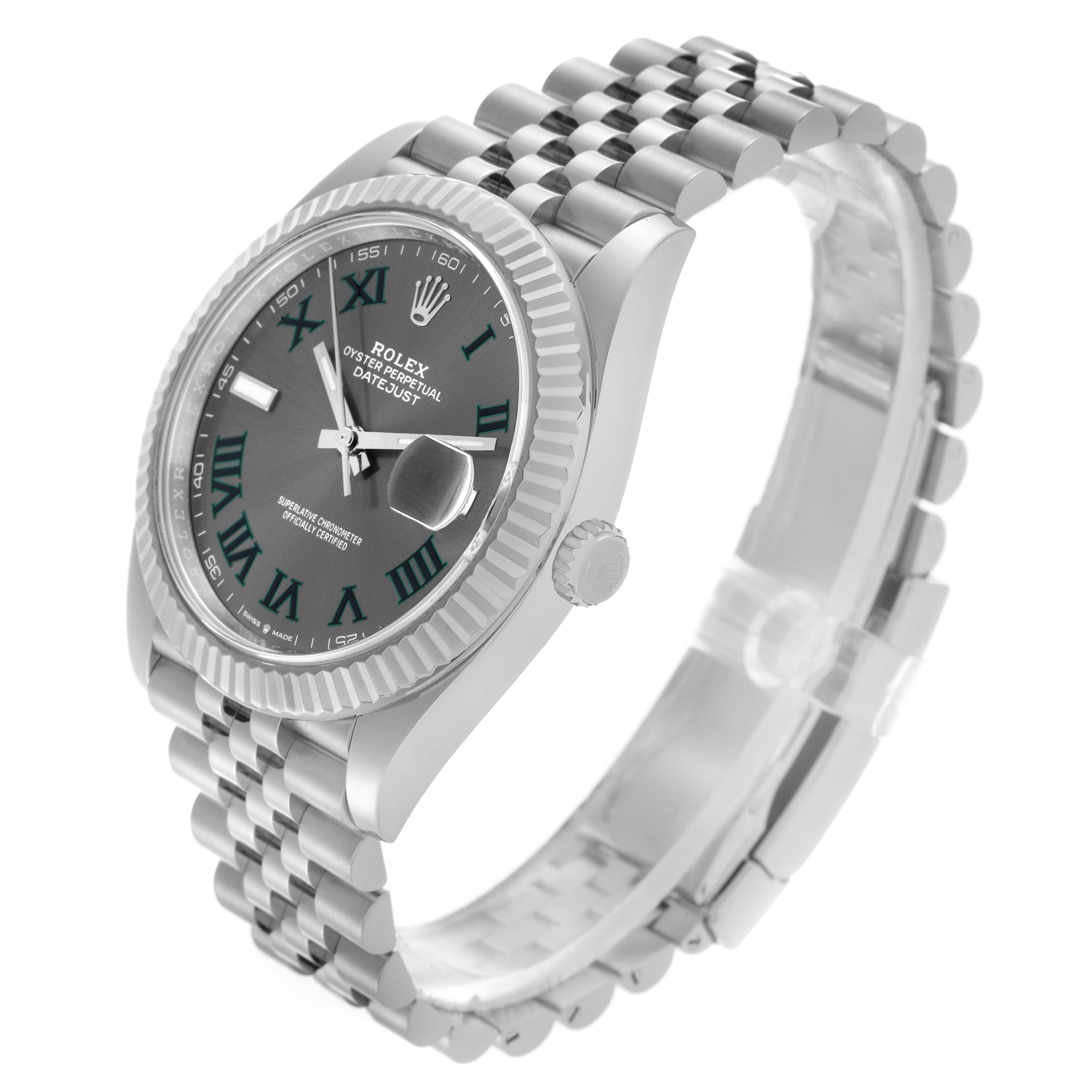 The Rolex Datejust 41 126334 Men's Stainless Steel Grey Dial 126334 Men's Stainless Steel Grey Dial is shown at a three-quarter angle, highlighting the dial, bezel, crown, and bracelet.