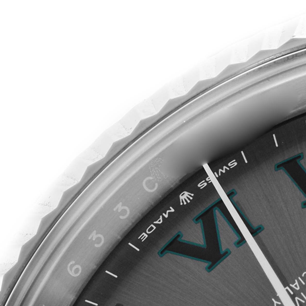 The image shows a close-up of the dial and bezel of a Rolex Datejust 41 126334 Men's Stainless Steel Grey Dial 126334 Men's Stainless Steel Grey Dial, featuring Roman numerals and the "Swiss Made" marking.
