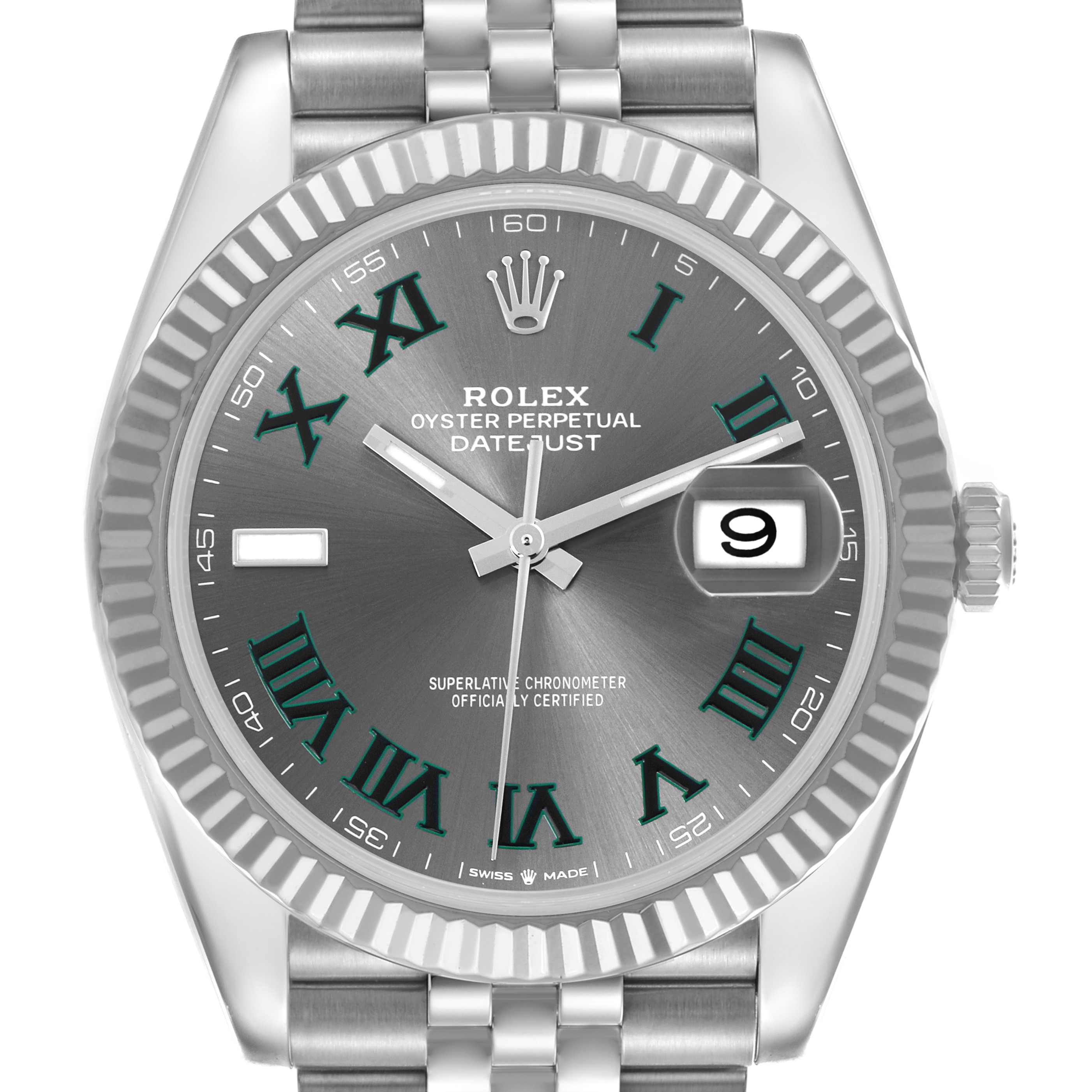 The Rolex Datejust 41 126334 Men's Stainless Steel Grey Dial 126334 Men's Stainless Steel Grey Dial is shown from the front, highlighting the dial, hands, fluted bezel, and Jubilee bracelet.