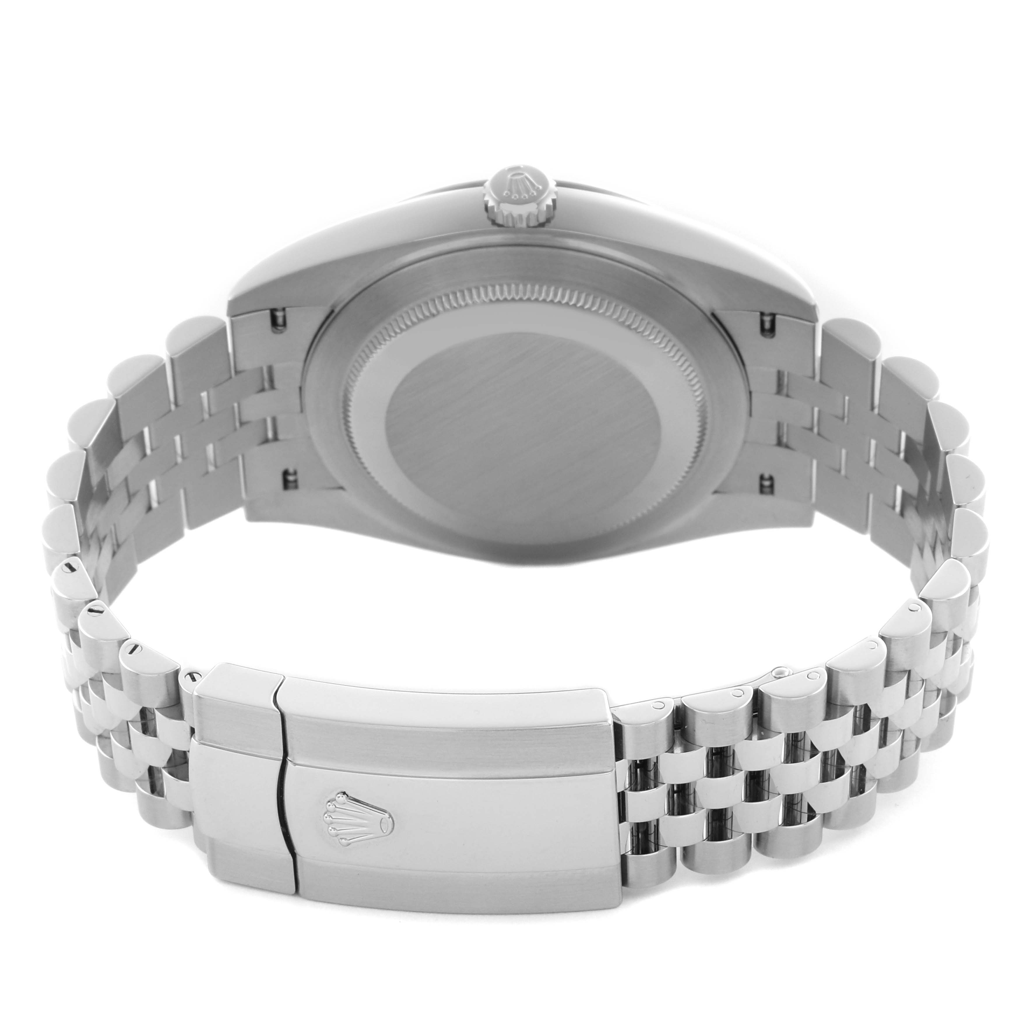 The image shows the back of the Rolex Datejust 41 126334 Men's Stainless Steel Grey Dial 126334 Men's Stainless Steel Grey Dial watch, highlighting the case back and Jubilee bracelet with the clasp.