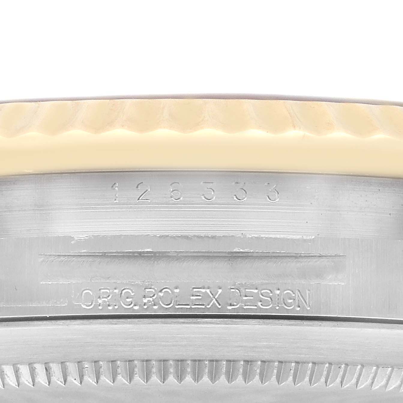The image shows a close-up of the case side of a Rolex Datejust 41 126333 Men's Steel and Gold (two tone) Champagne Dial 126333 Men's Steel and Gold (two tone) Champagne Dial, highlighting the model number and "ORIG ROLEX DESIGN" engraving.