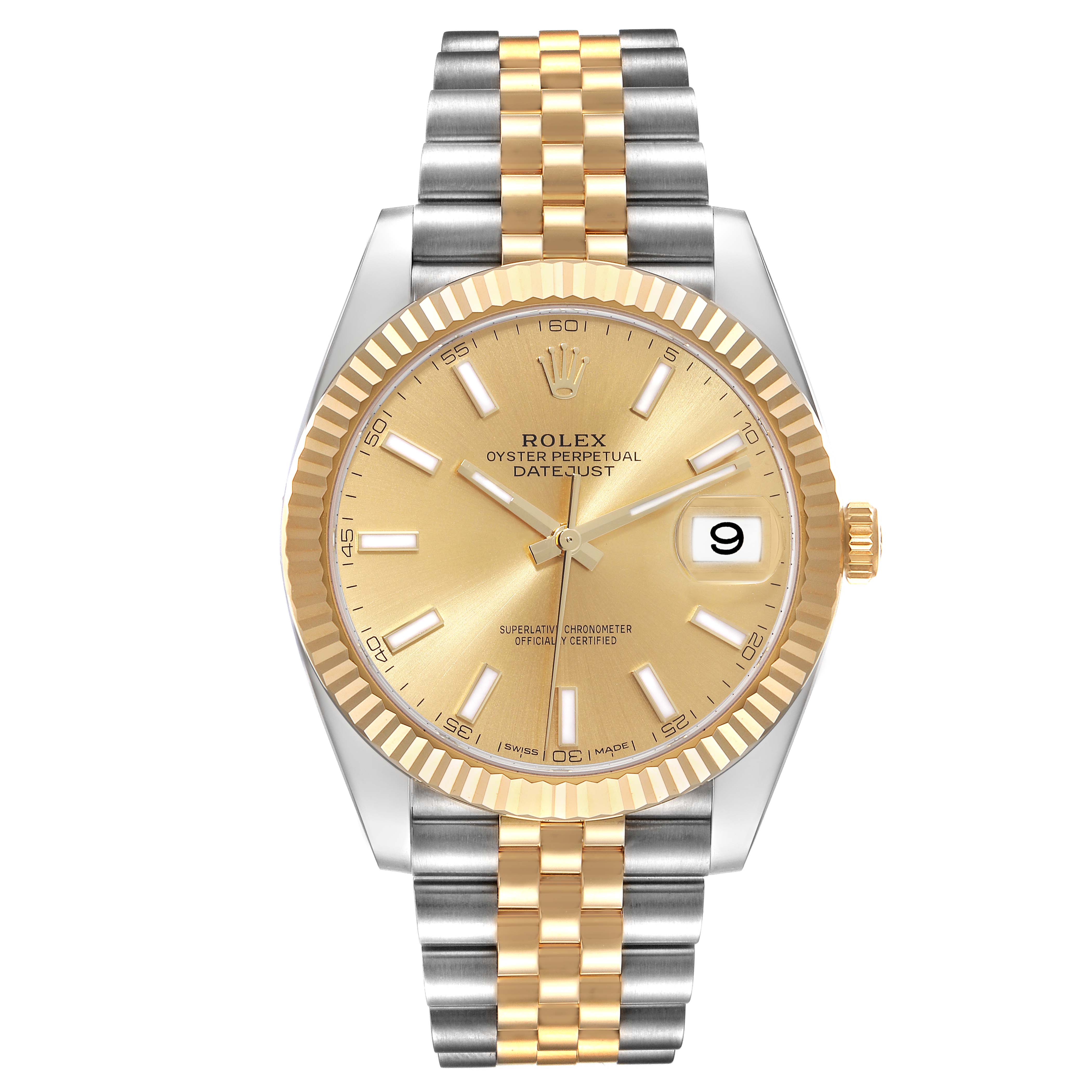 The image shows a front view of the Rolex Datejust 41 126333 Men's Steel and Gold (two tone) Champagne Dial 126333 Men's Steel and Gold (two tone) Champagne Dial watch, detailing its gold and silver jubilee bracelet and champagne dial.