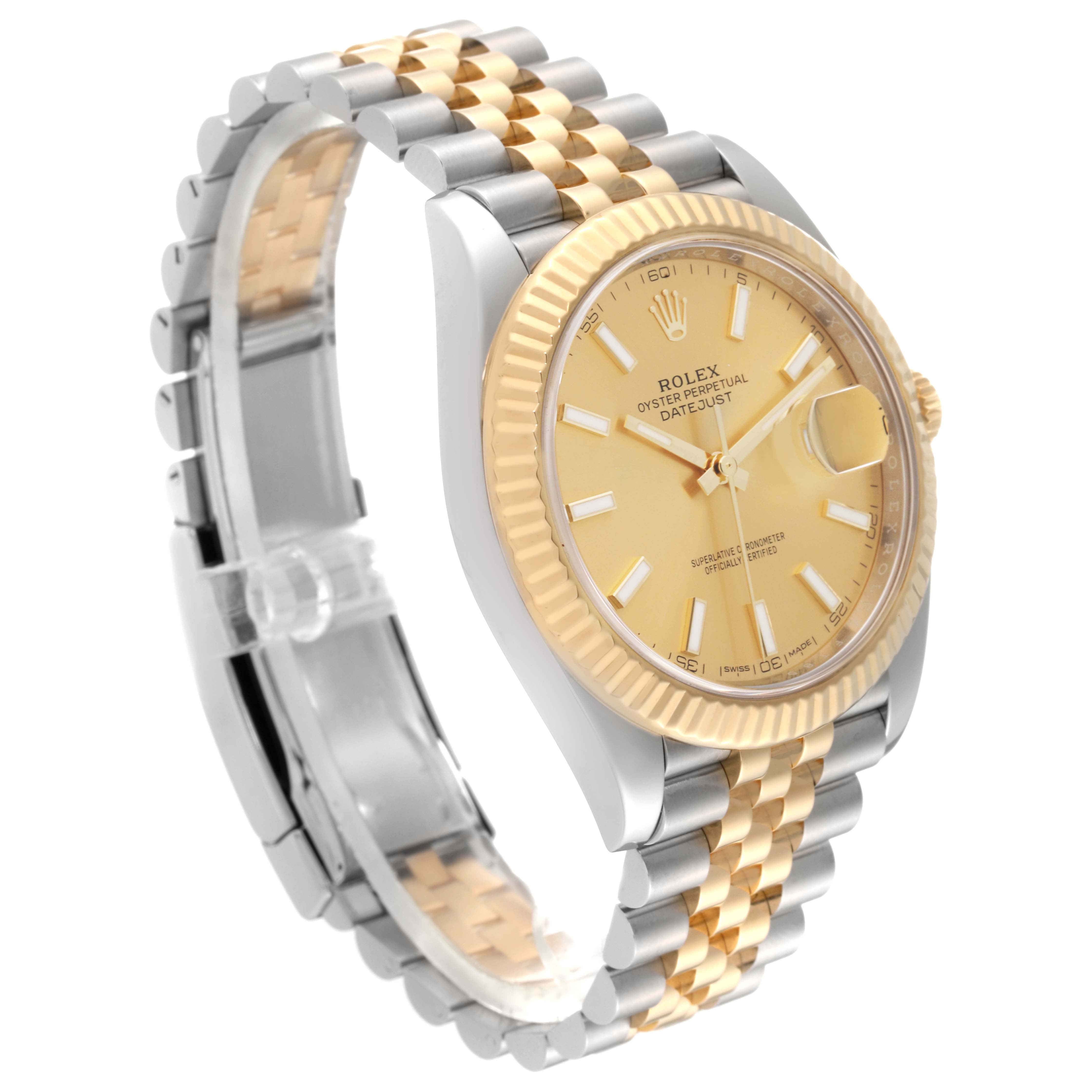 The image shows a Rolex Datejust 41 126333 Men's Steel and Gold (two tone) Champagne Dial 126333 Men's Steel and Gold (two tone) Champagne Dial watch from a side angle, highlighting its two-tone bracelet, fluted bezel, and champagne dial.