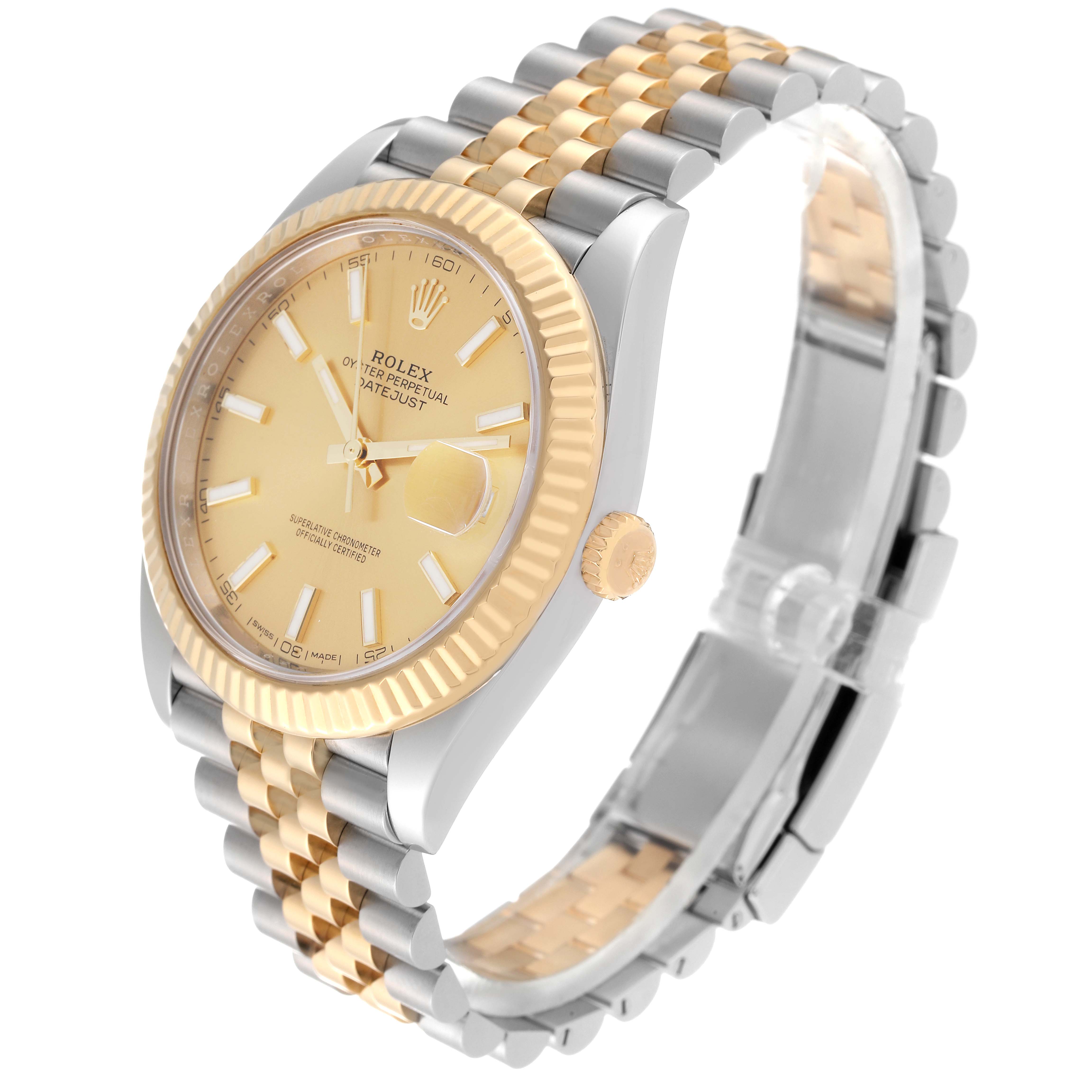 The image shows a Rolex Datejust 41 126333 Men's Steel and Gold (two tone) Champagne Dial 126333 Men's Steel and Gold (two tone) Champagne Dial watch from a side view, highlighting its dial, bezel, and two-tone bracelet.