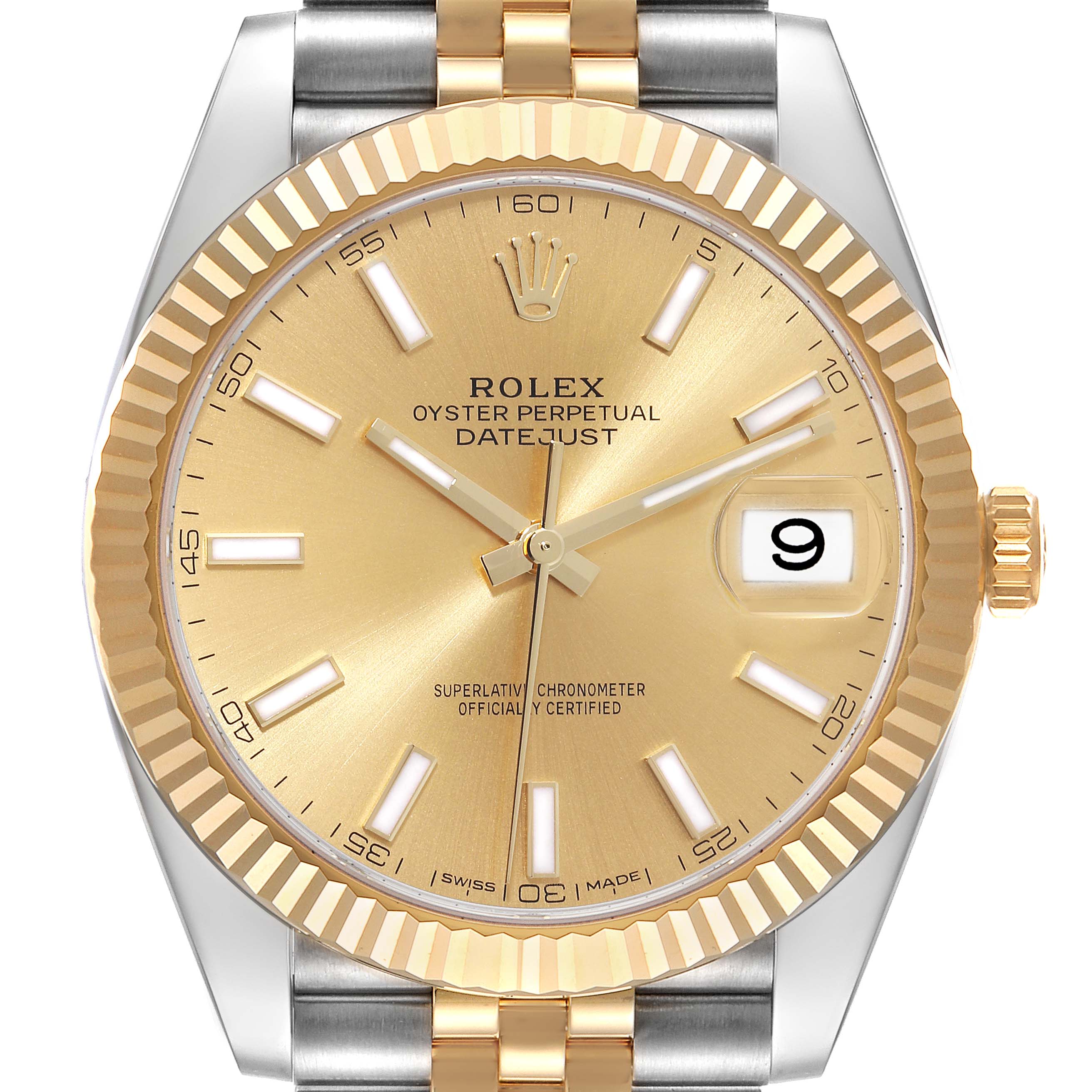 This image shows a close-up of the face of a Rolex Datejust 41 126333 Men's Steel and Gold (two tone) Champagne Dial 126333 Men's Steel and Gold (two tone) Champagne Dial watch, highlighting the gold dial, fluted bezel, and date window.