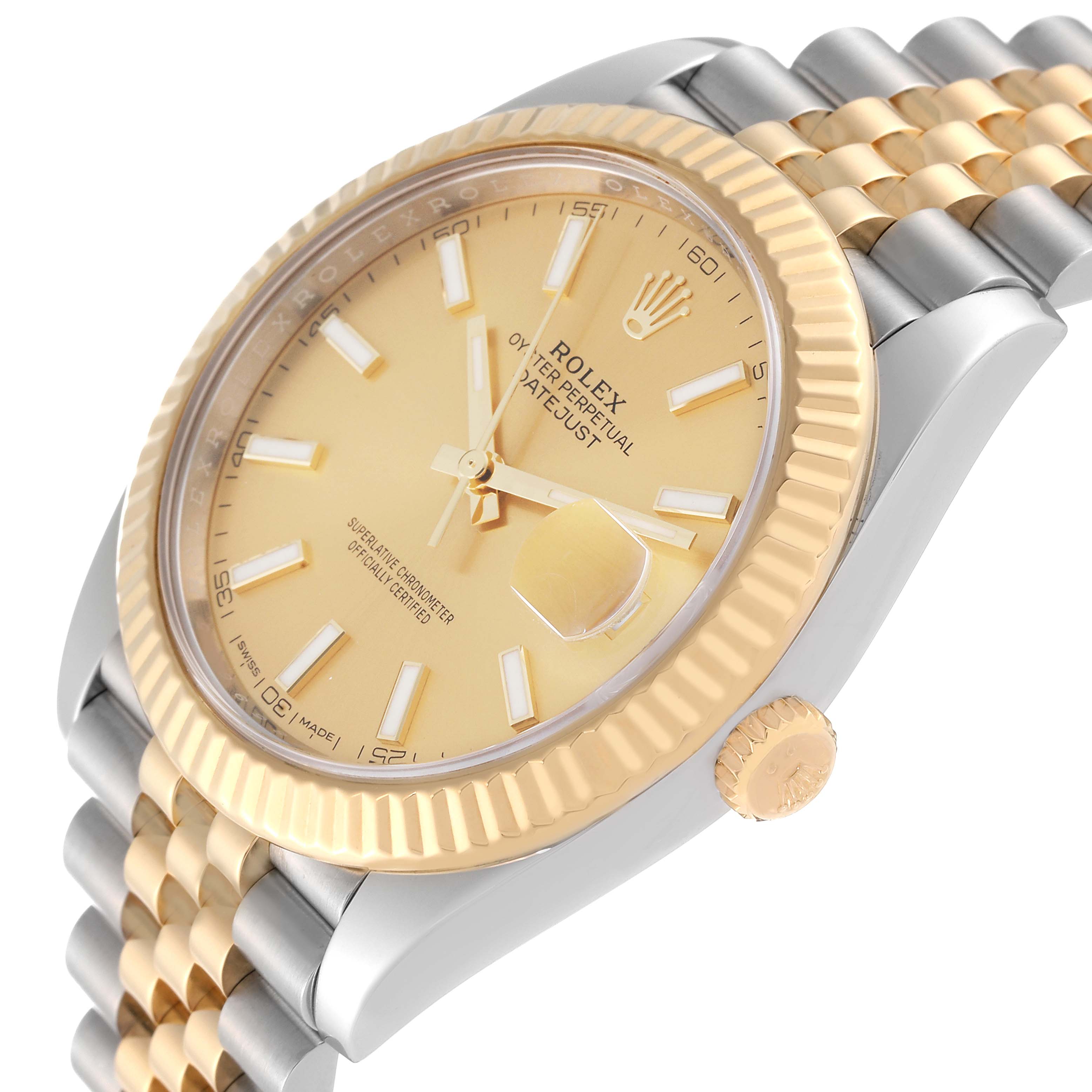 This image shows a close-up angle of the Rolex Datejust 41 126333 Men's Steel and Gold (two tone) Champagne Dial 126333 Men's Steel and Gold (two tone) Champagne Dial, highlighting its dial, bezel, crown, and bracelet.