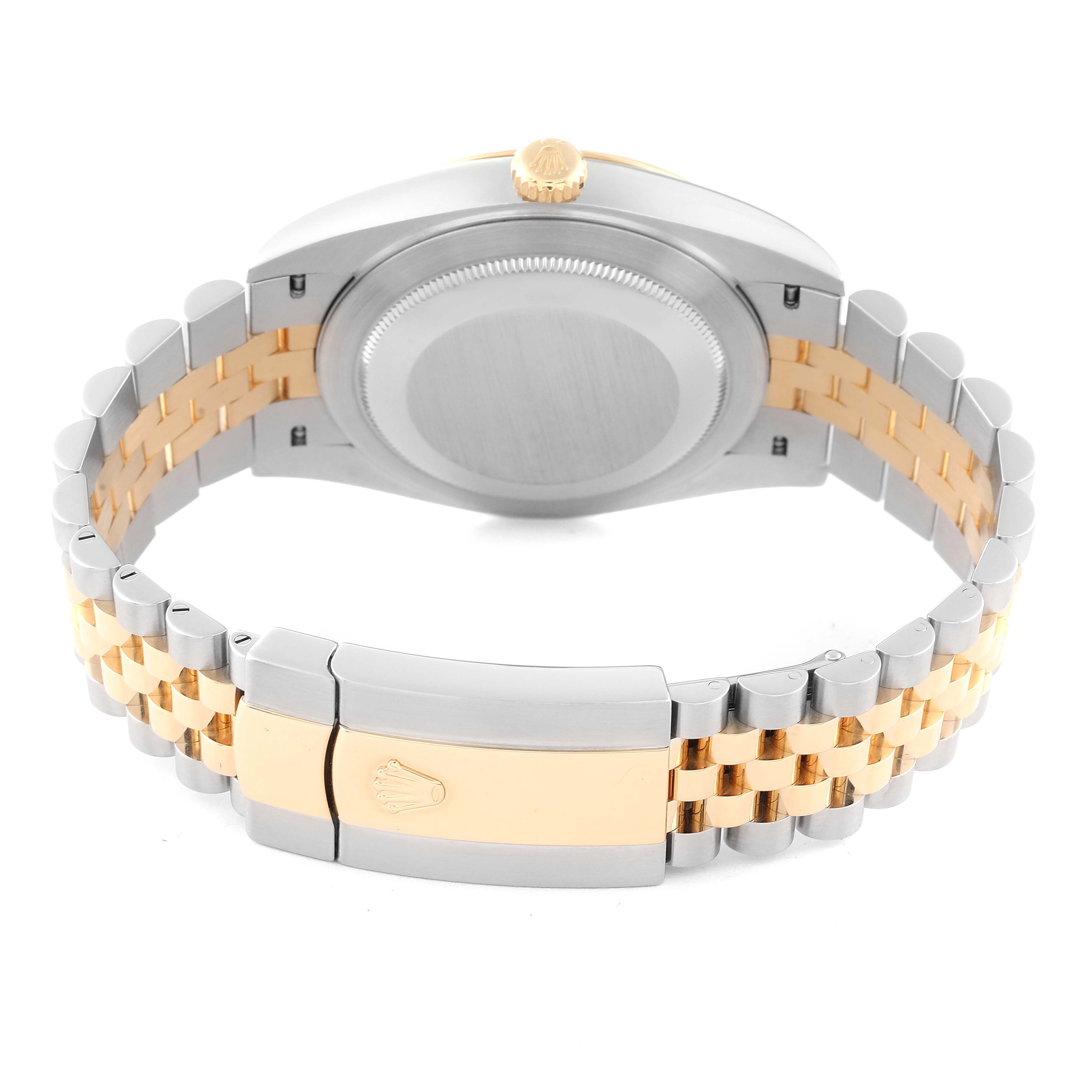 This image of the Rolex Datejust 41 126333 Men's Steel and Gold (two tone) Champagne Dial 126333 Men's Steel and Gold (two tone) Champagne Dial watch shows a rear view highlighting the case back and two-tone bracelet.