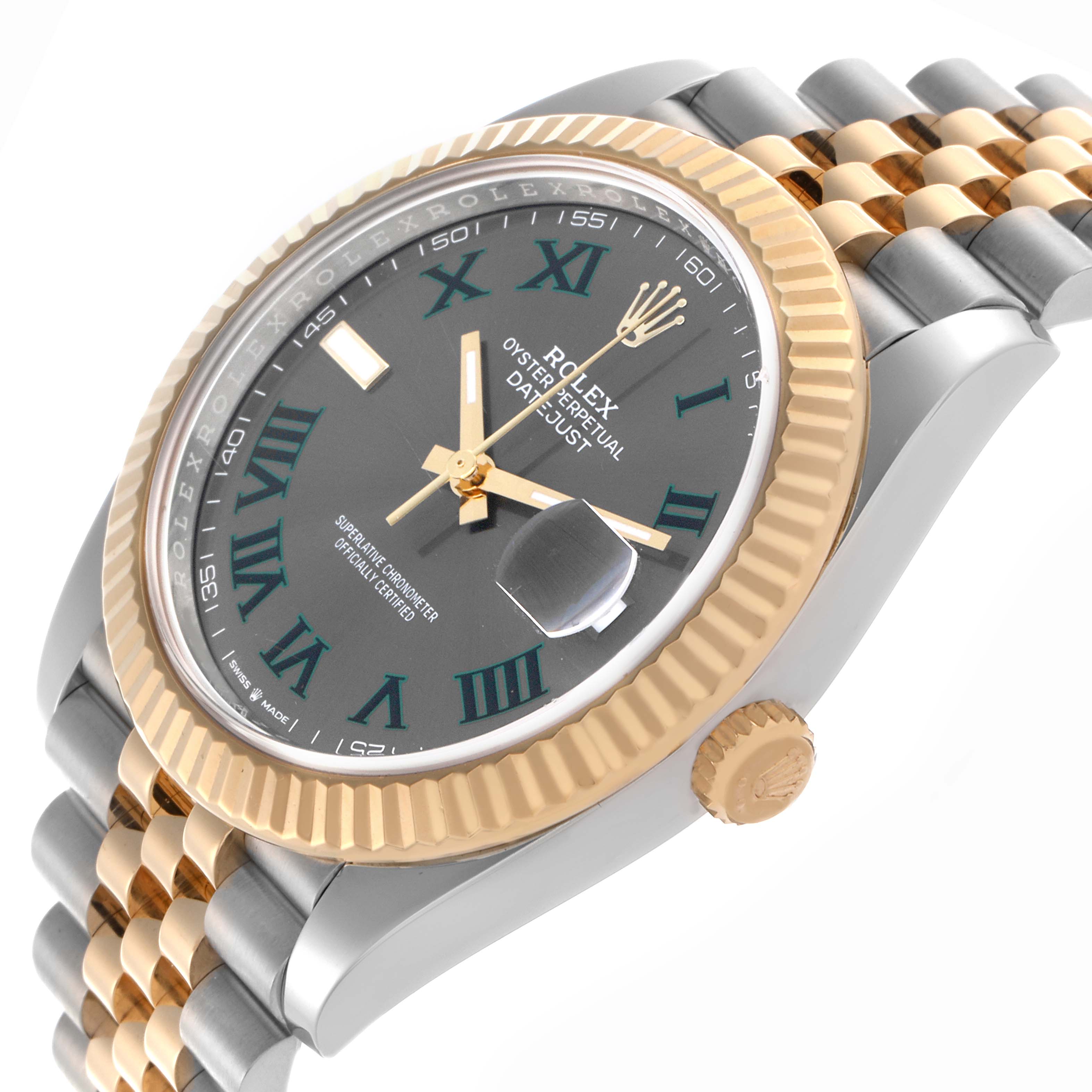 The image shows a Rolex Datejust 41 126333 Men's Steel and Gold (two tone) Grey Dial 126333 Men's Steel and Gold (two tone) Grey Dial from a tilted side angle, highlighting the bezel, crown, dial, and part of the bracelet.