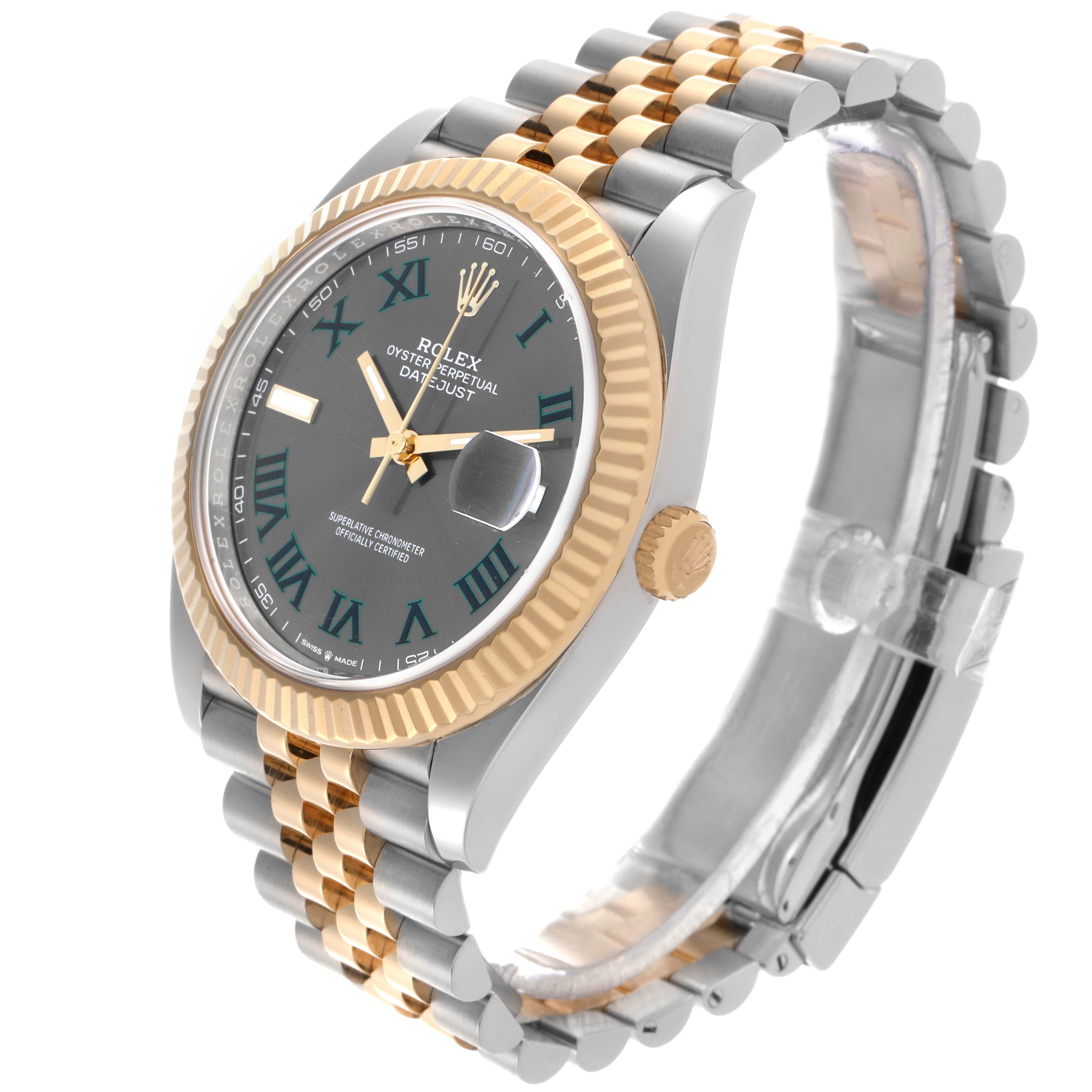 The Rolex Datejust 41 126333 Men's Steel and Gold (two tone) Grey Dial 126333 Men's Steel and Gold (two tone) Grey Dial is shown in a three-quarter angle, highlighting the dial, fluted bezel, Jubilee bracelet, and crown.