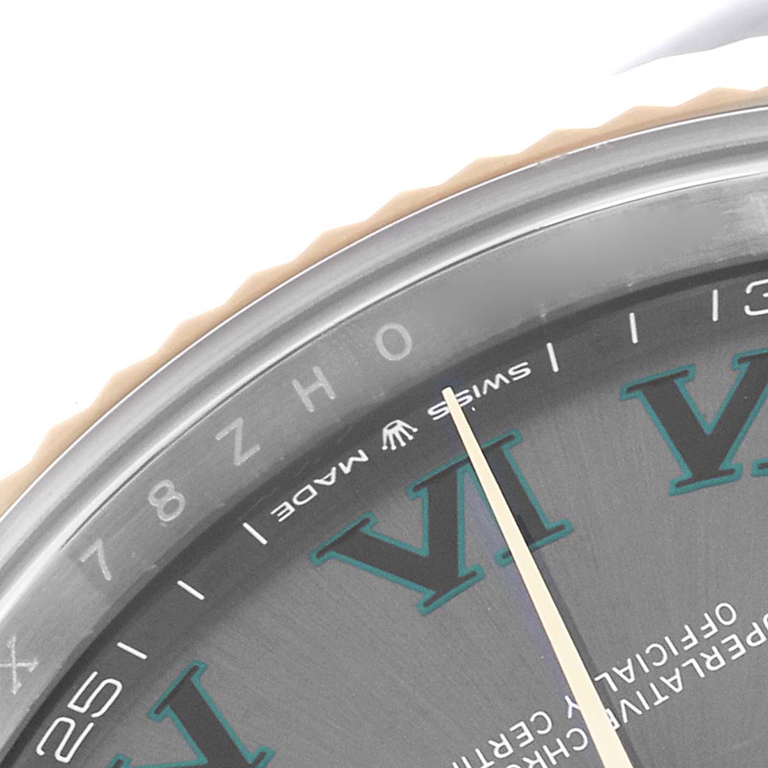 This image shows a close-up of the dial and bezel of the Rolex Datejust 41 126333 Men's Steel and Gold (two tone) Grey Dial 126333 Men's Steel and Gold (two tone) Grey Dial, highlighting the hour markers and hand.