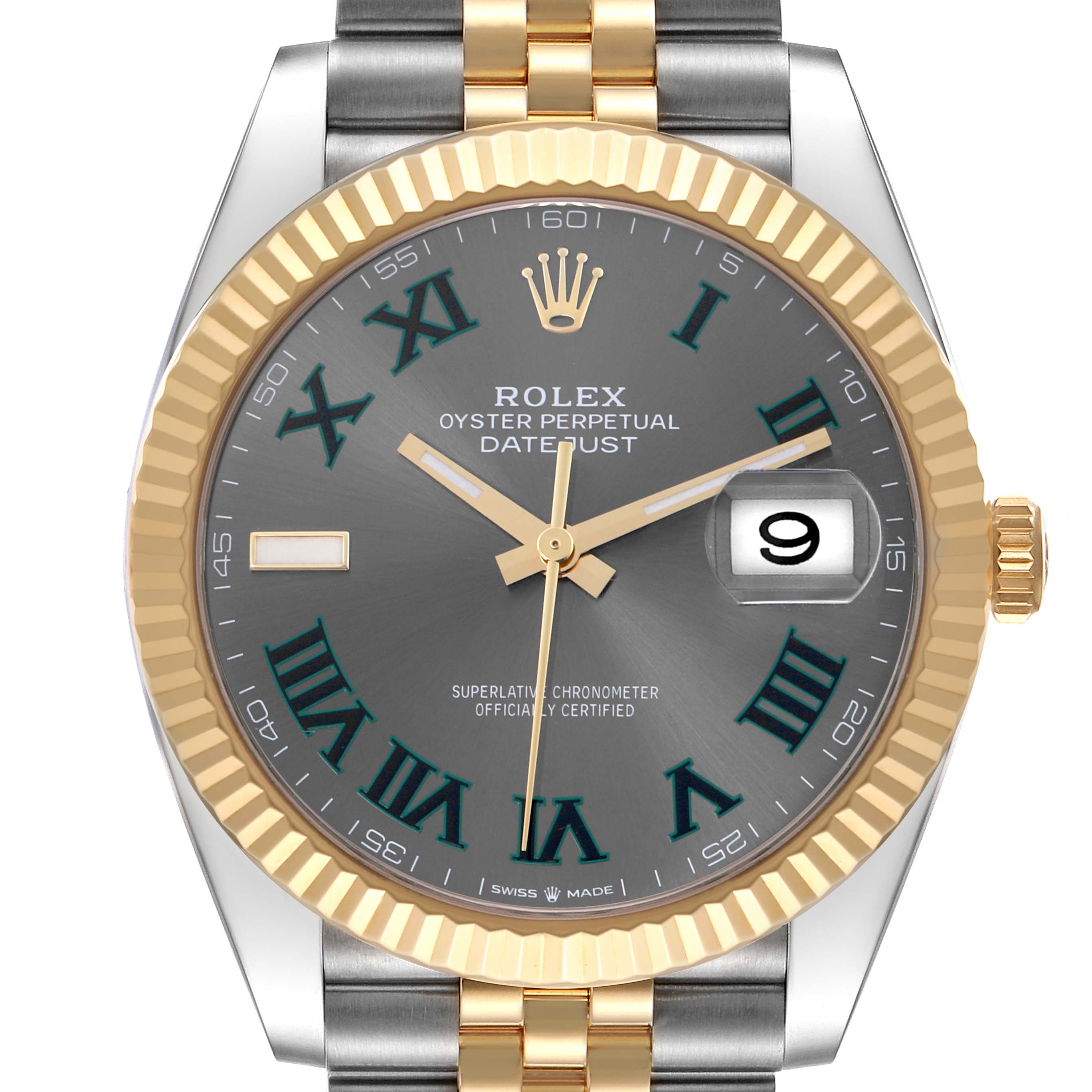 The Rolex Datejust 41 126333 Men's Steel and Gold (two tone) Grey Dial 126333 Men's Steel and Gold (two tone) Grey Dial is shown from the front, highlighting the dial, fluted bezel, and part of the two-tone bracelet.