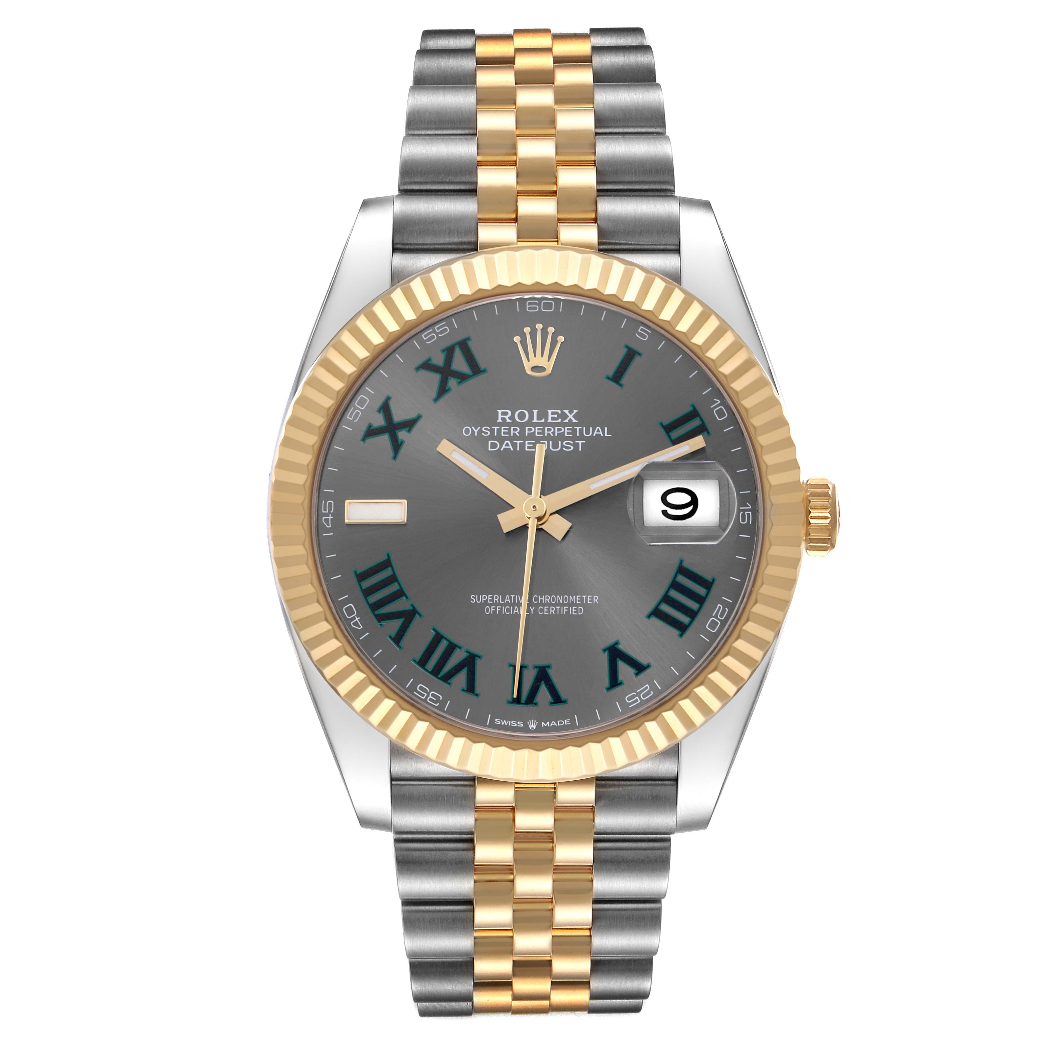 The Rolex Datejust 41 126333 Men's Steel and Gold (two tone) Grey Dial 126333 Men's Steel and Gold (two tone) Grey Dial is shown from the front, highlighting its gold and silver bracelet, bezel, and dial.