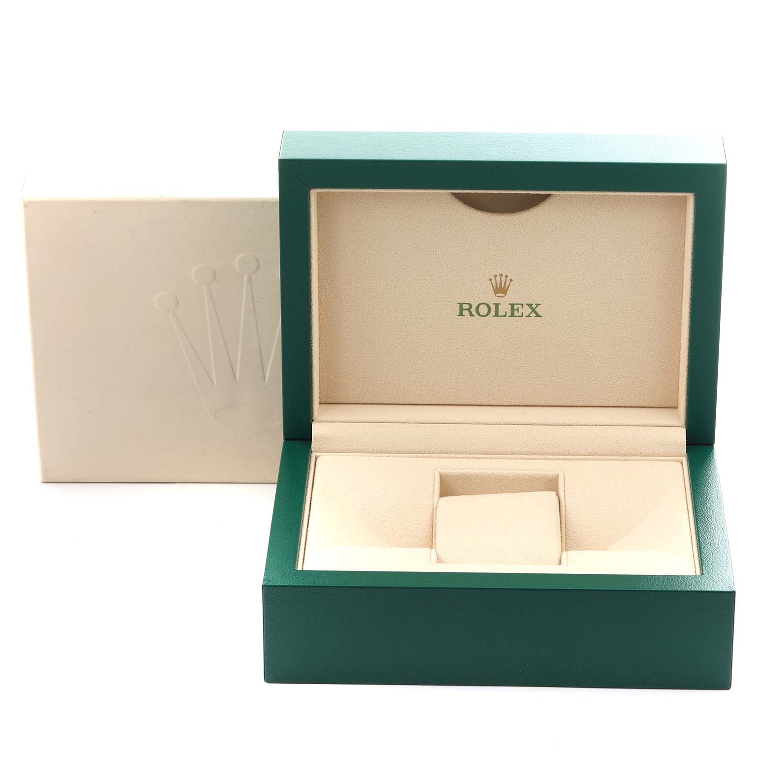 The image shows an open Rolex Datejust 41 126333 Men's Steel and Gold (two tone) Grey Dial 126333 Men's Steel and Gold (two tone) Grey Dial watch box with a green exterior and beige interior, featuring the Rolex logo.