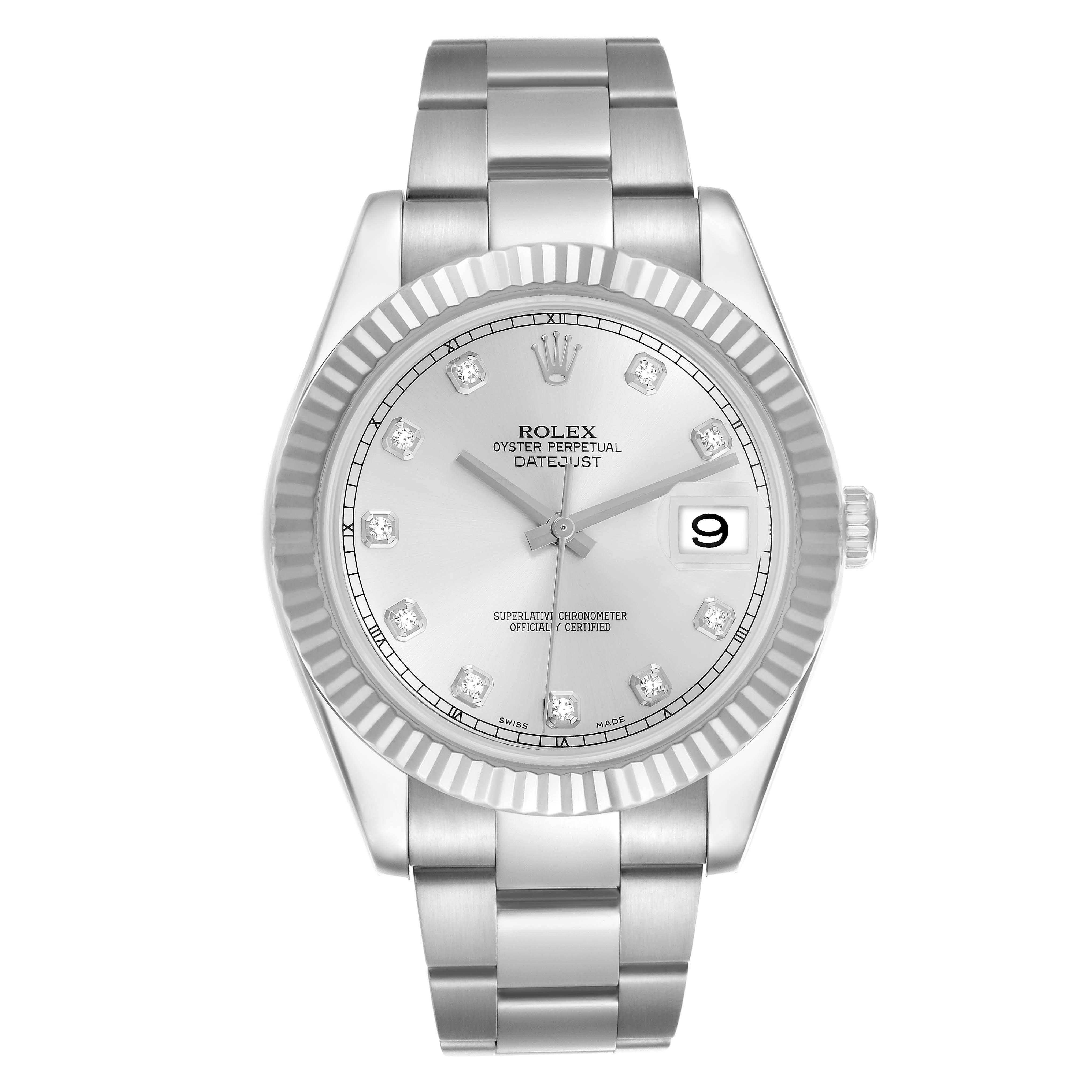 The image shows a front view of the Rolex Datejust 41 116334 Men
s Stainless Steel Silver Dial 116334 Men
s Stainless Steel Silver Dial, highlighting its dial, bezel, and bracelet.
