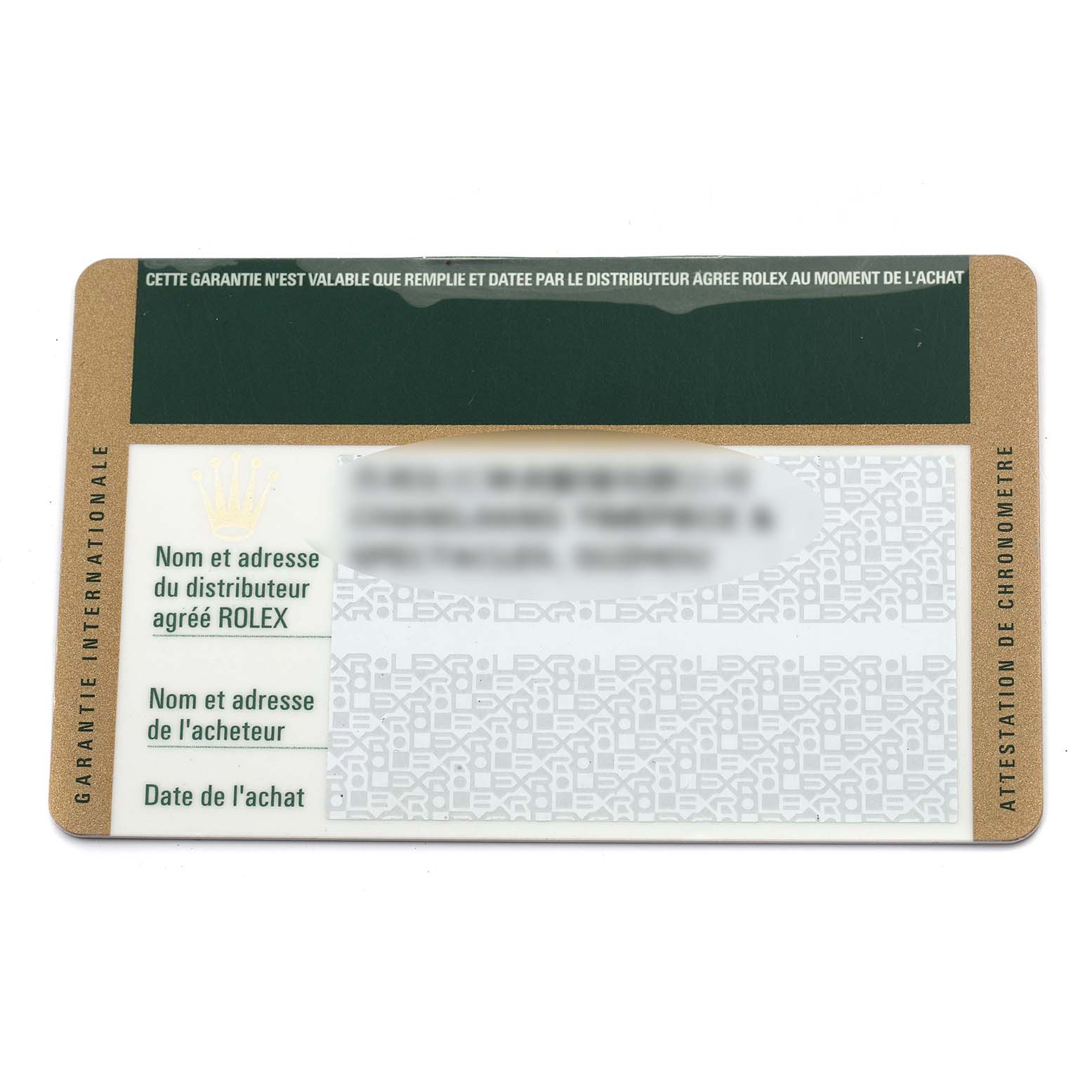 The image shows a Rolex Datejust 41 116334 Men
s Stainless Steel Silver Dial 116334 Men
s Stainless Steel Silver Dial international warranty card from a top-down angle.