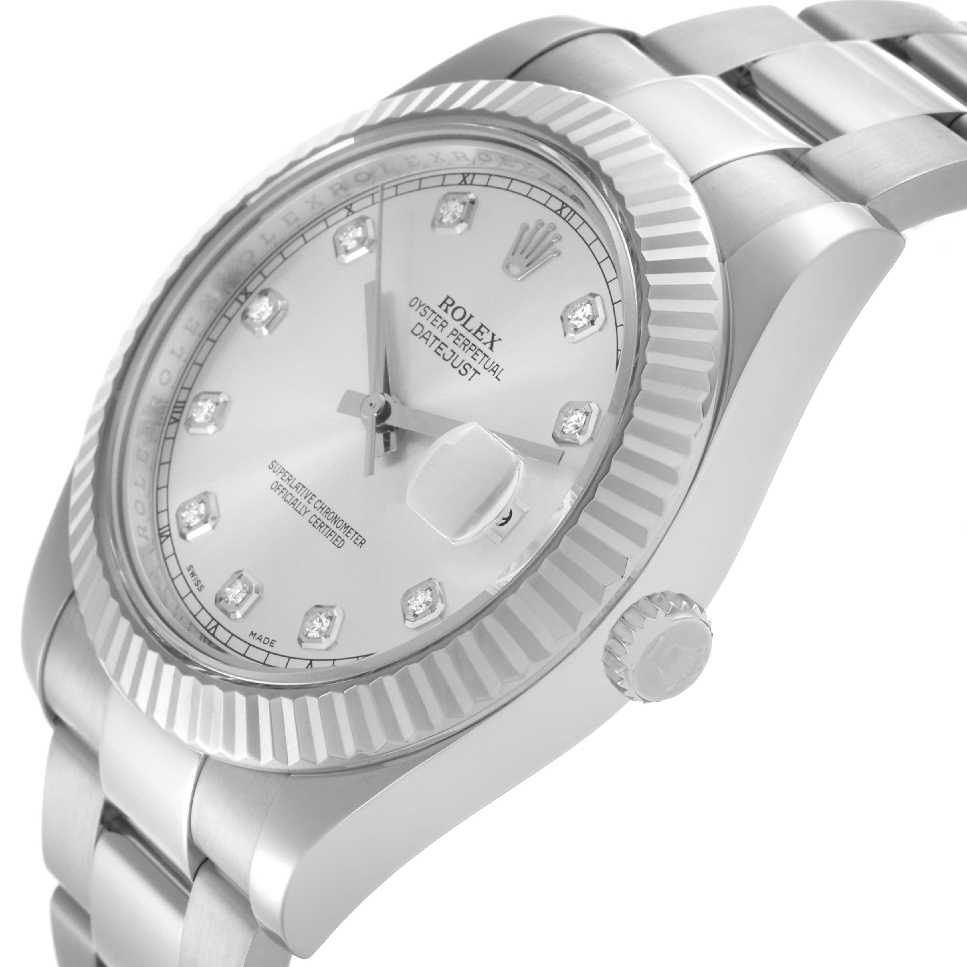 The Rolex Datejust 41 116334 Men
s Stainless Steel Silver Dial 116334 Men
s Stainless Steel Silver Dial is shown in a three-quarter angle, displaying the dial, bezel, and partial bracelet.