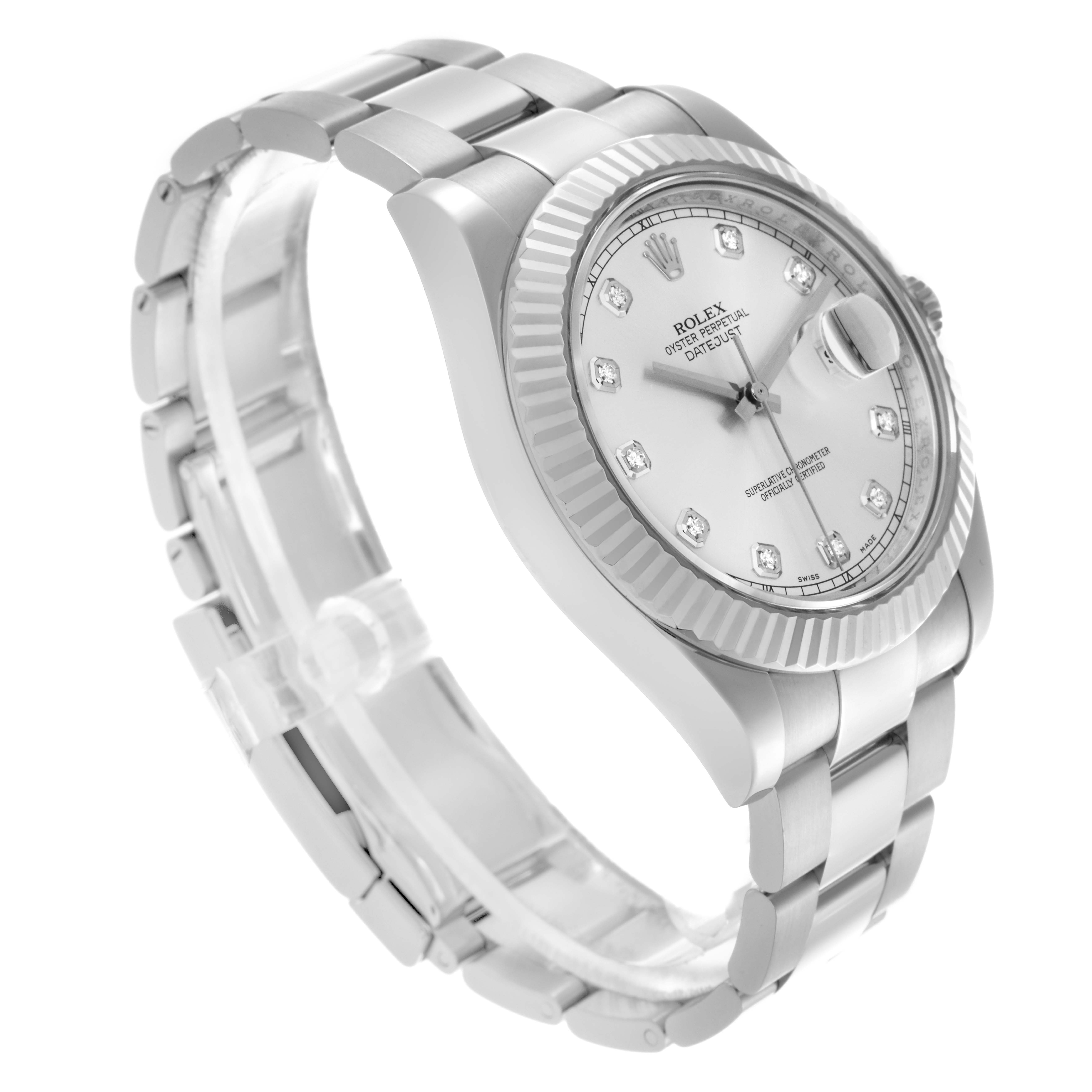 The Rolex Datejust 41 116334 Men
s Stainless Steel Silver Dial 116334 Men
s Stainless Steel Silver Dial watch is shown at an angled side view, highlighting the dial, bezel, and bracelet.
