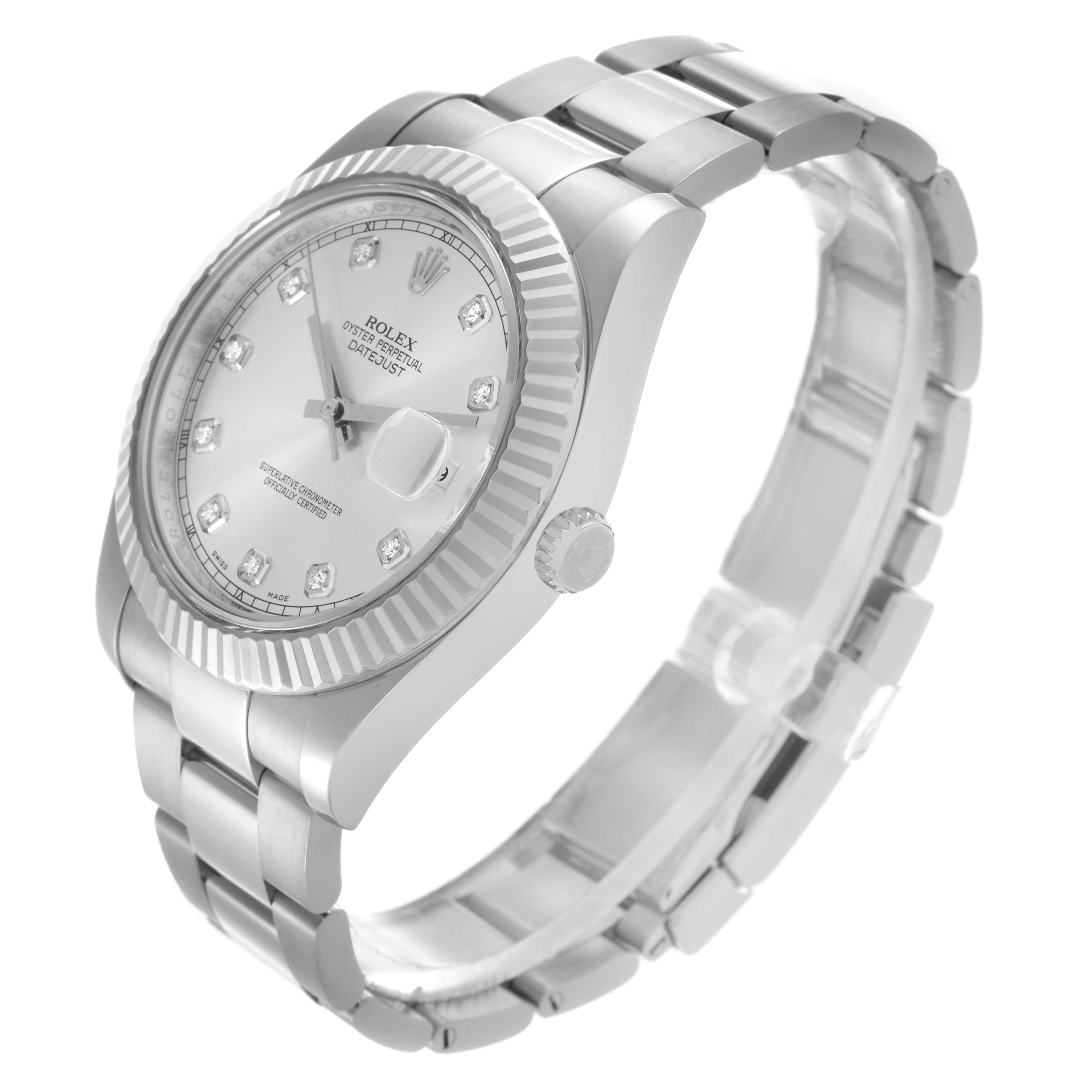 The Rolex Datejust 41 116334 Men
s Stainless Steel Silver Dial 116334 Men
s Stainless Steel Silver Dial is shown at a three-quarter angle, highlighting its face, fluted bezel, and bracelet.