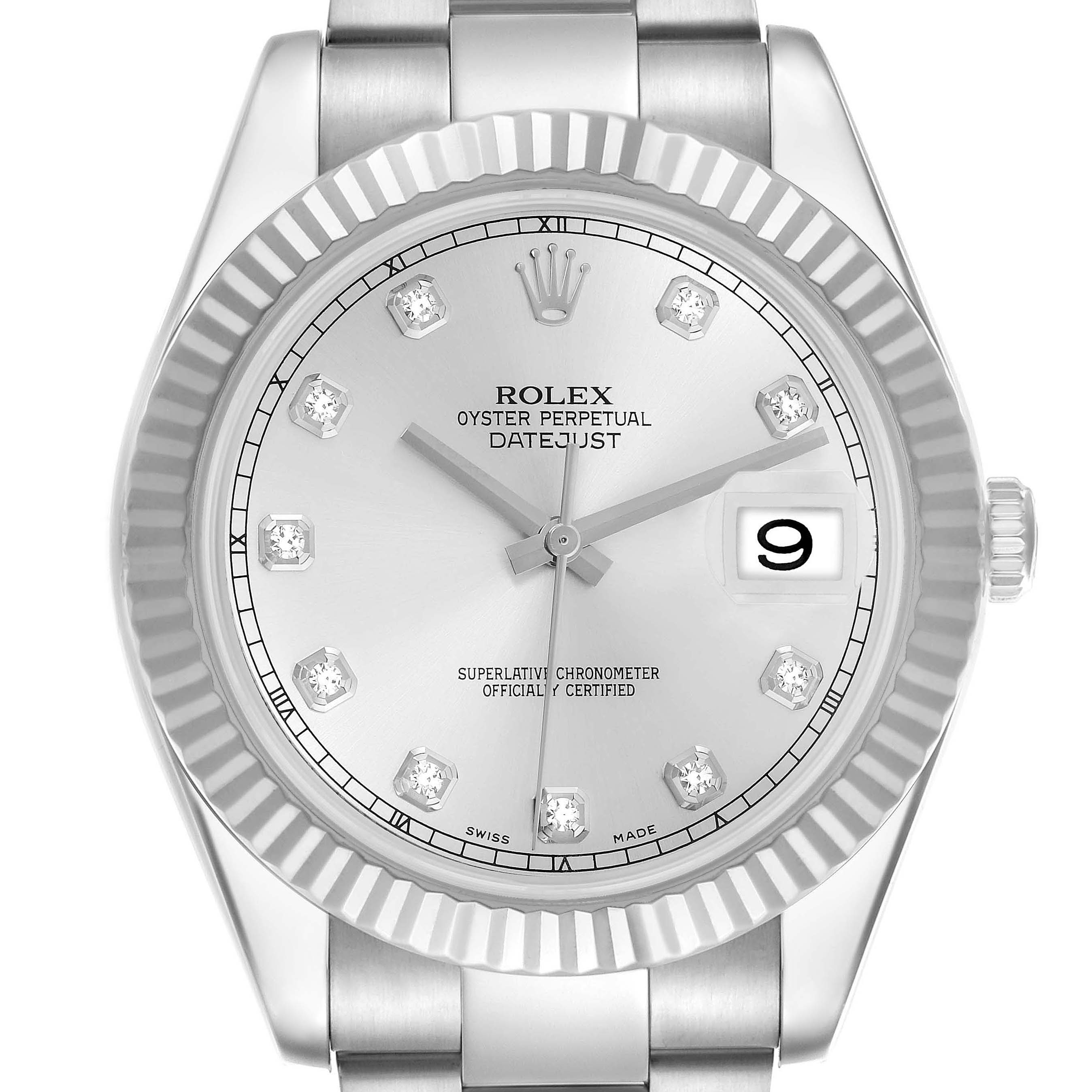 The Rolex Datejust 41 116334 Men
s Stainless Steel Silver Dial 116334 Men
s Stainless Steel Silver Dial is shown from the front, highlighting the dial, bezel, crown, and part of the bracelet.