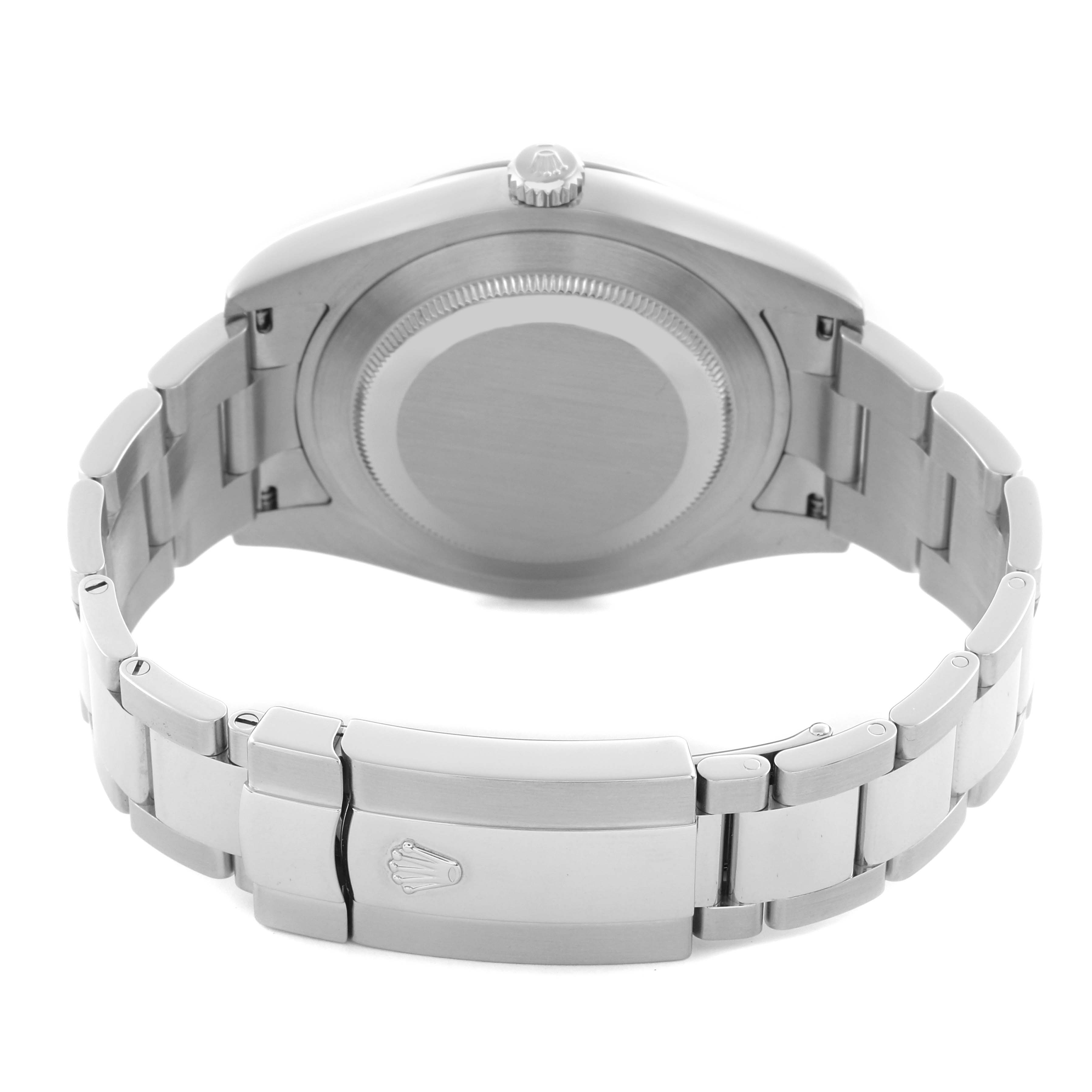 The image shows the back view of a Rolex Datejust 41 116334 Men
s Stainless Steel Silver Dial 116334 Men
s Stainless Steel Silver Dial watch, highlighting the case back, bracelet, and clasp.