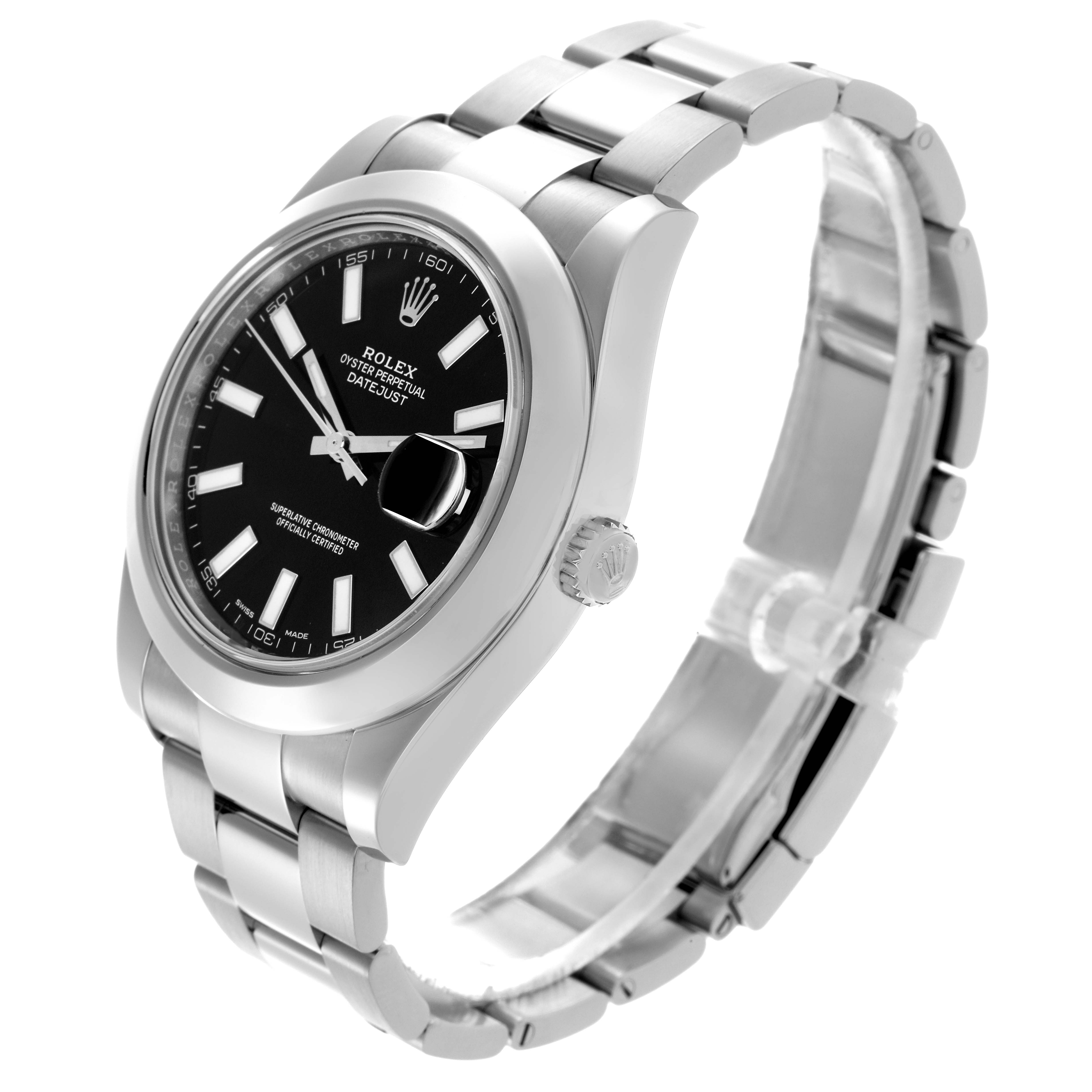 The Rolex Datejust 41 116300 Men's Stainless Steel Black Dial 116300 Men's Stainless Steel Black Dial is shown at a three-quarter angle, displaying the black dial, case, bezel, crown, and bracelet.