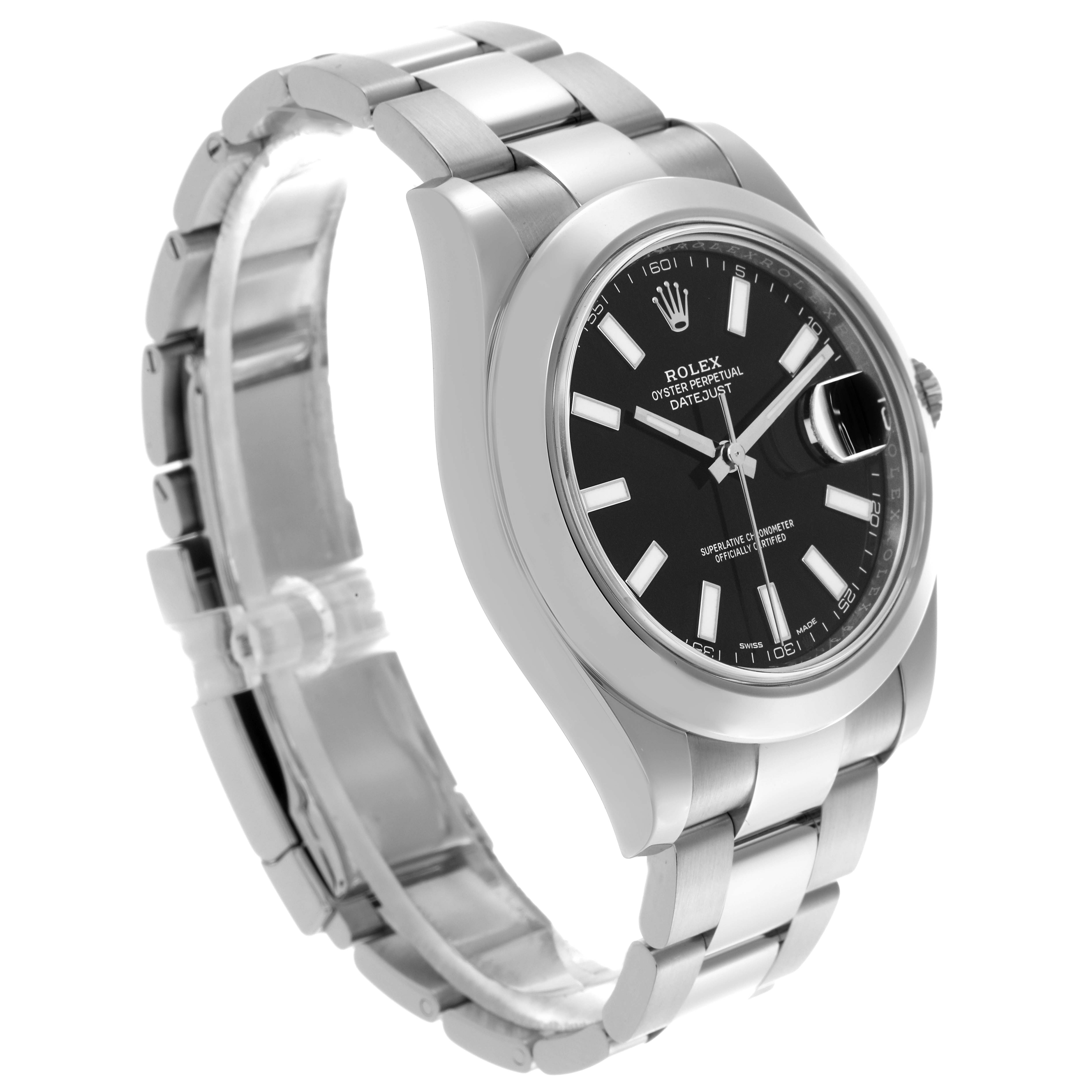 The Rolex Datejust 41 116300 Men's Stainless Steel Black Dial 116300 Men's Stainless Steel Black Dial watch is shown at a three-quarter angle, displaying the face, bezel, and bracelet.