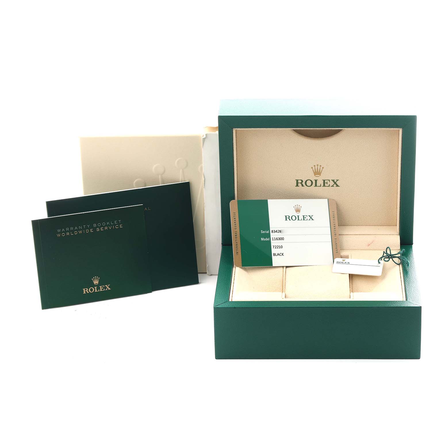 The image shows the Rolex Datejust 41 116300 Men's Stainless Steel Black Dial 116300 Men's Stainless Steel Black Dial packaging, including the box, warranty card, and booklets from a front angle.