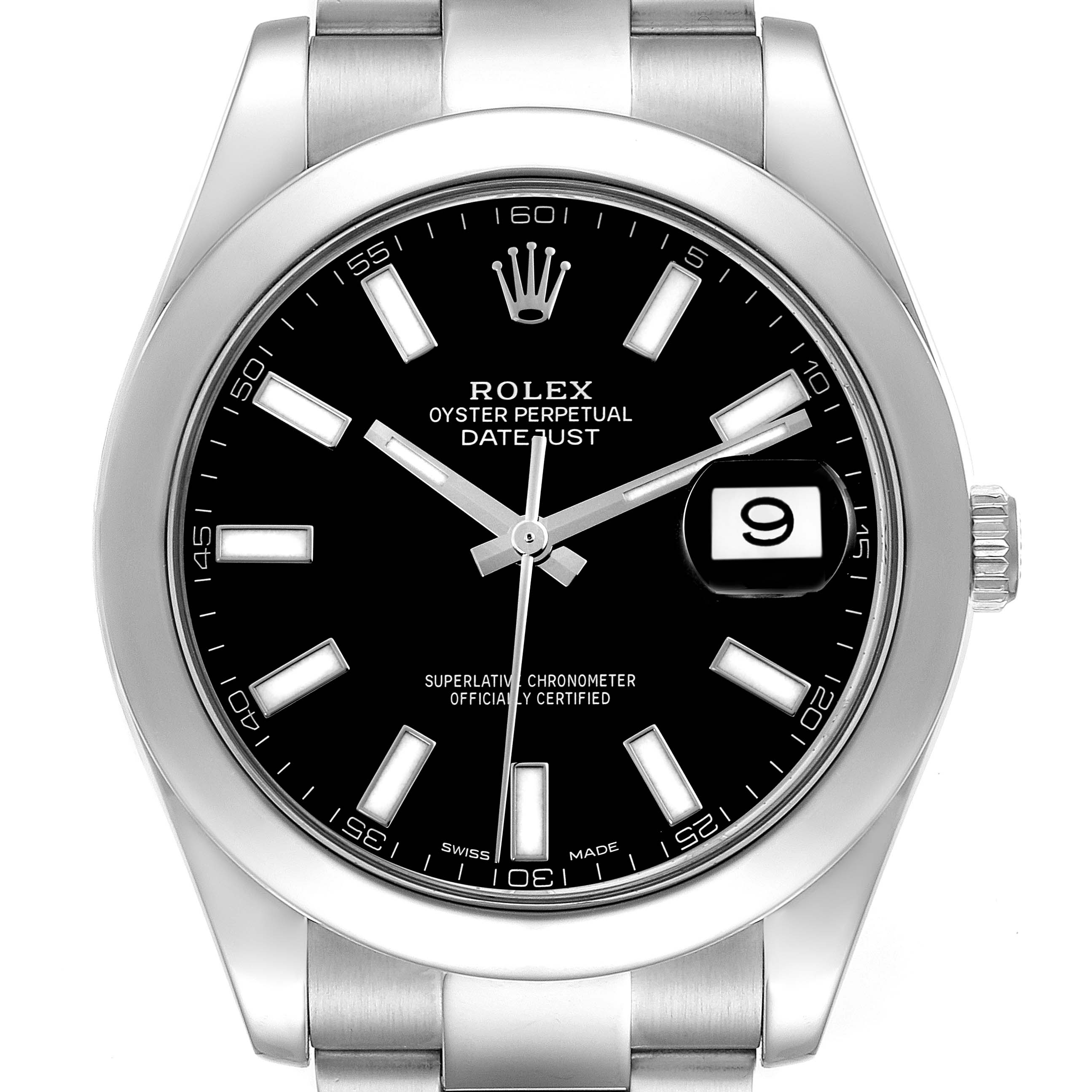 This Rolex Datejust 41 116300 Men's Stainless Steel Black Dial 116300 Men's Stainless Steel Black Dial watch is shown from a frontal angle, displaying its dial, bezel, and bracelet.