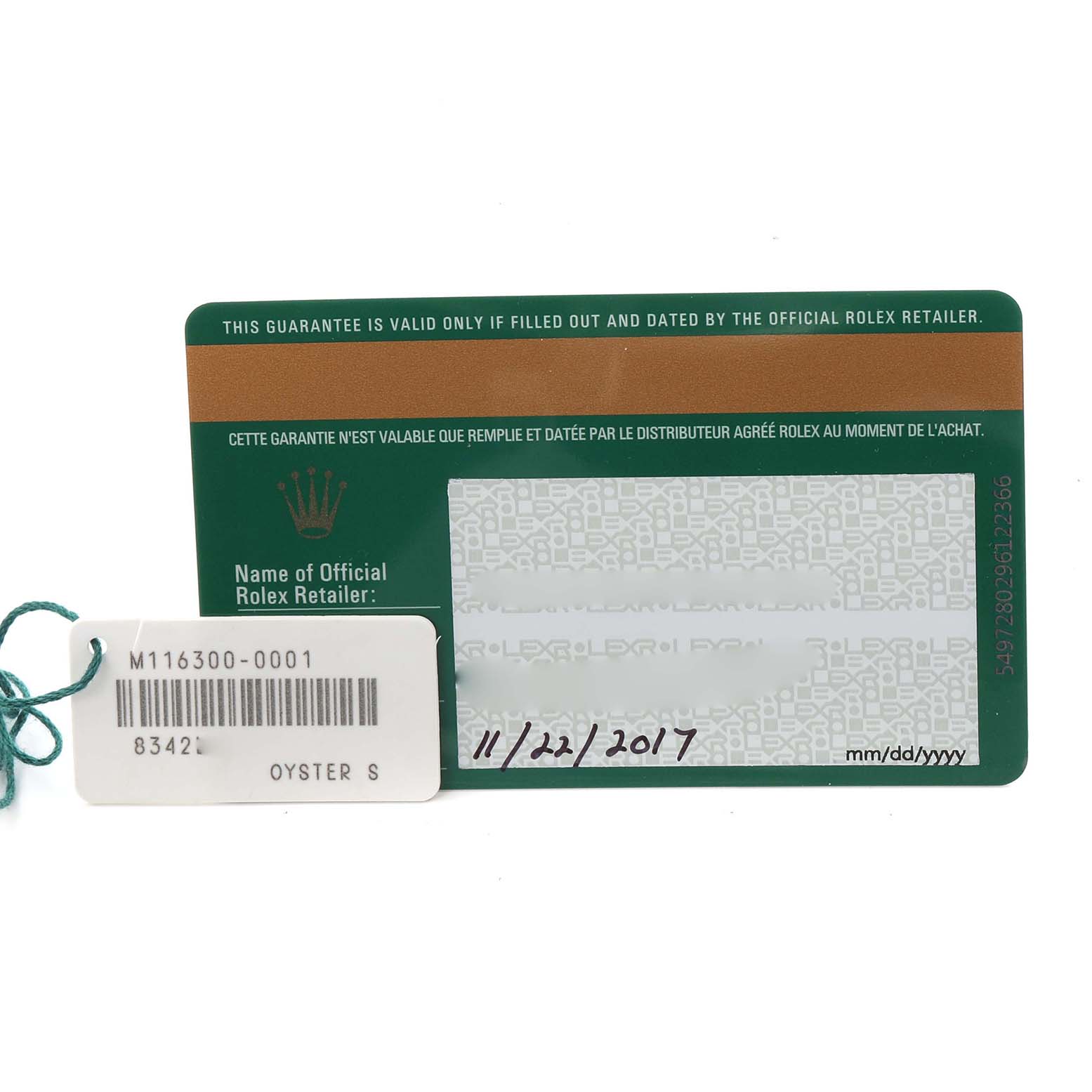 The image shows a Rolex Datejust 41 116300 Men's Stainless Steel Black Dial 116300 Men's Stainless Steel Black Dial guarantee card and a white tag with model information.