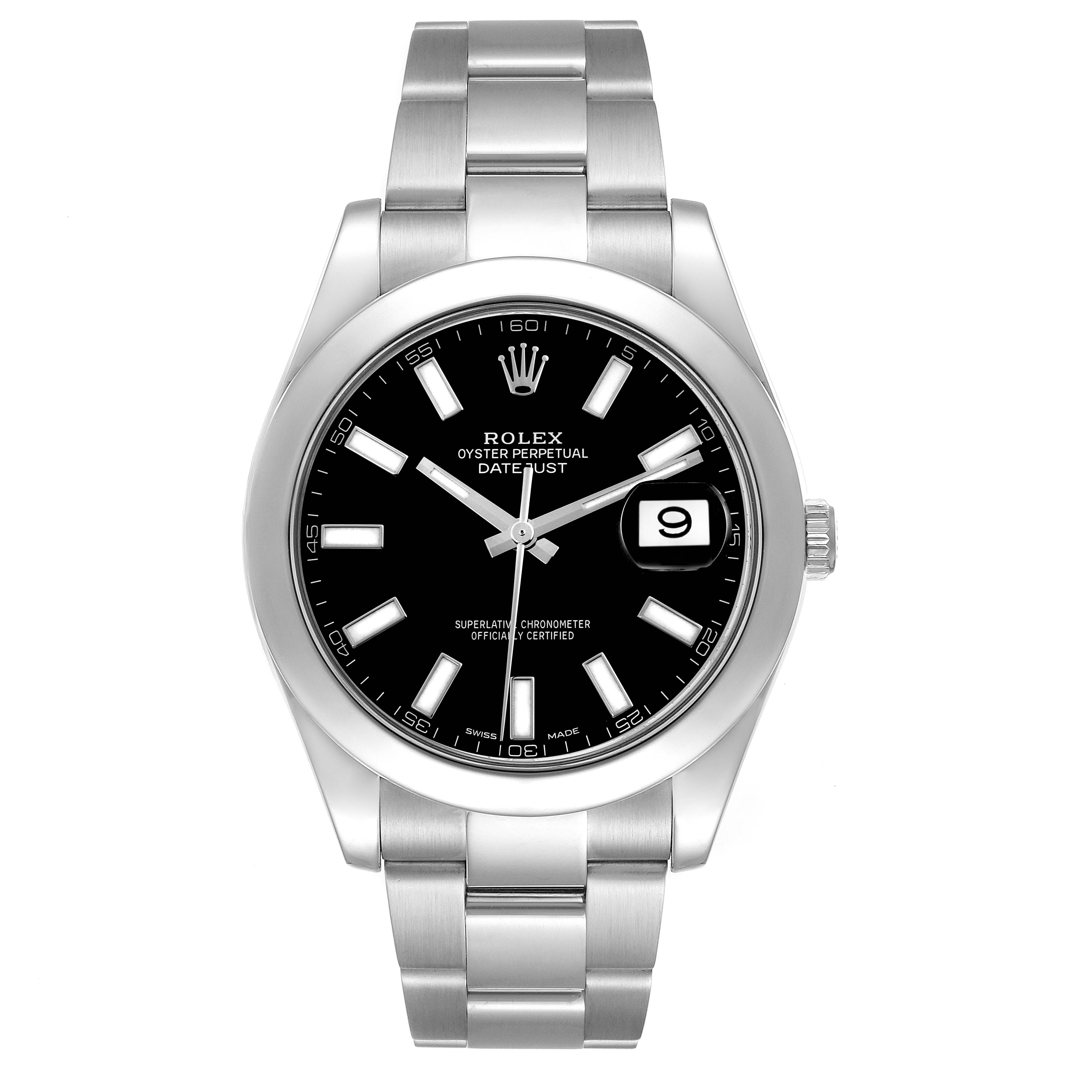 The Rolex Datejust 41 116300 Men's Stainless Steel Black Dial 116300 Men's Stainless Steel Black Dial watch is shown from a top-down angle, displaying the full face, bracelet, bezel, and date window.
