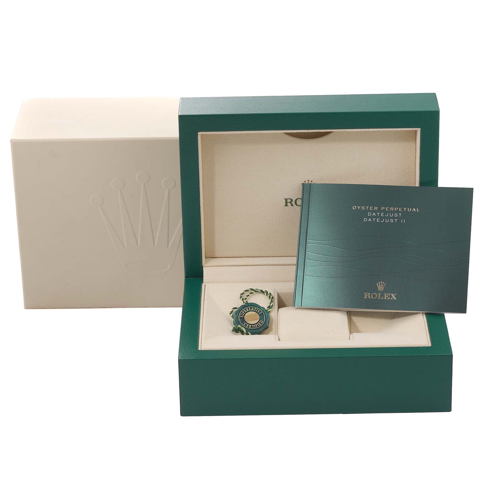 The image shows the official box, booklet, and tag for a Rolex Datejust 41 116334 Men
s Stainless Steel Grey Dial 116334 Men
s Stainless Steel Grey Dial model.