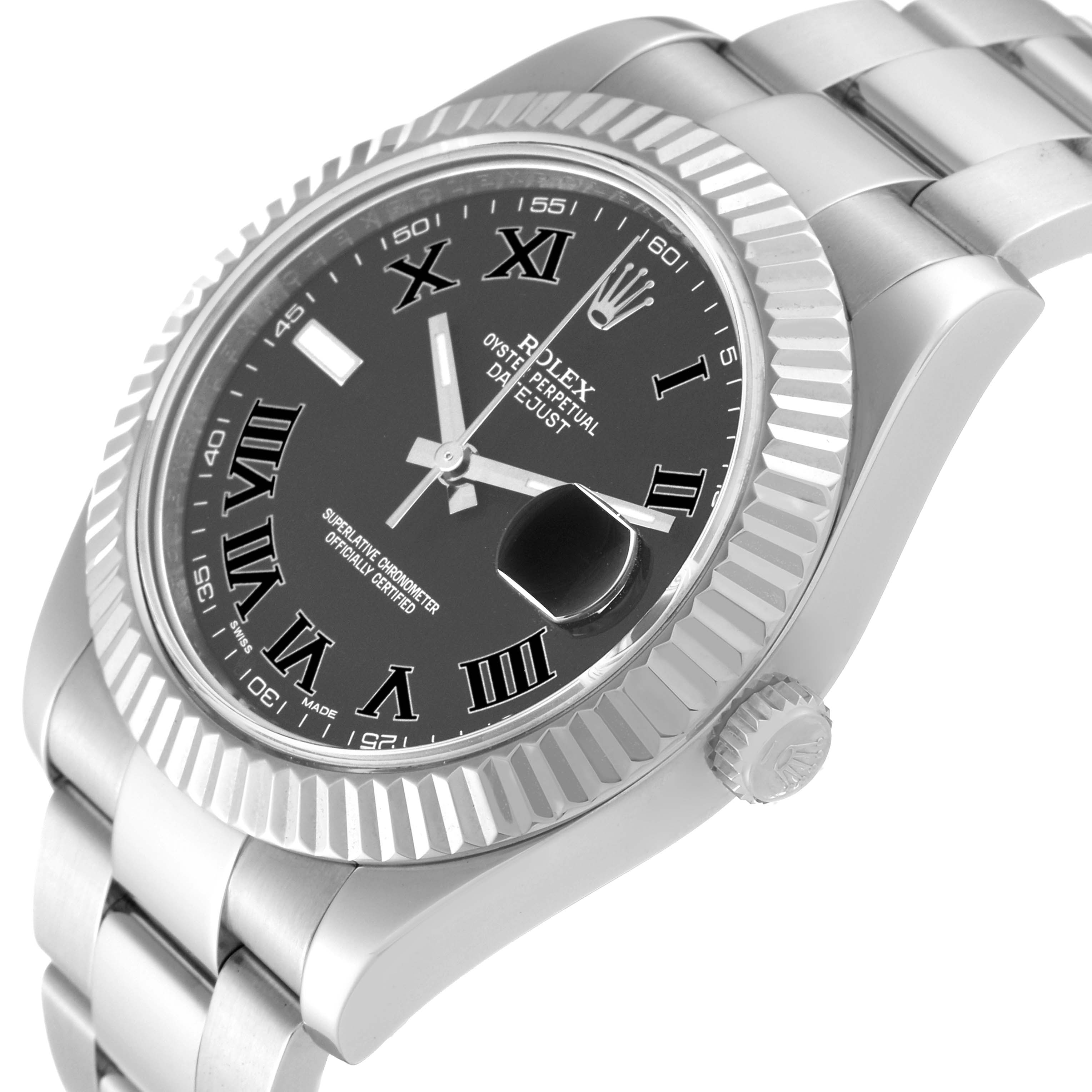 The image shows a close-up of the Rolex Datejust 41 116334 Men
s Stainless Steel Grey Dial 116334 Men
s Stainless Steel Grey Dial watch, highlighting its face, bezel, crown, and part of the bracelet.