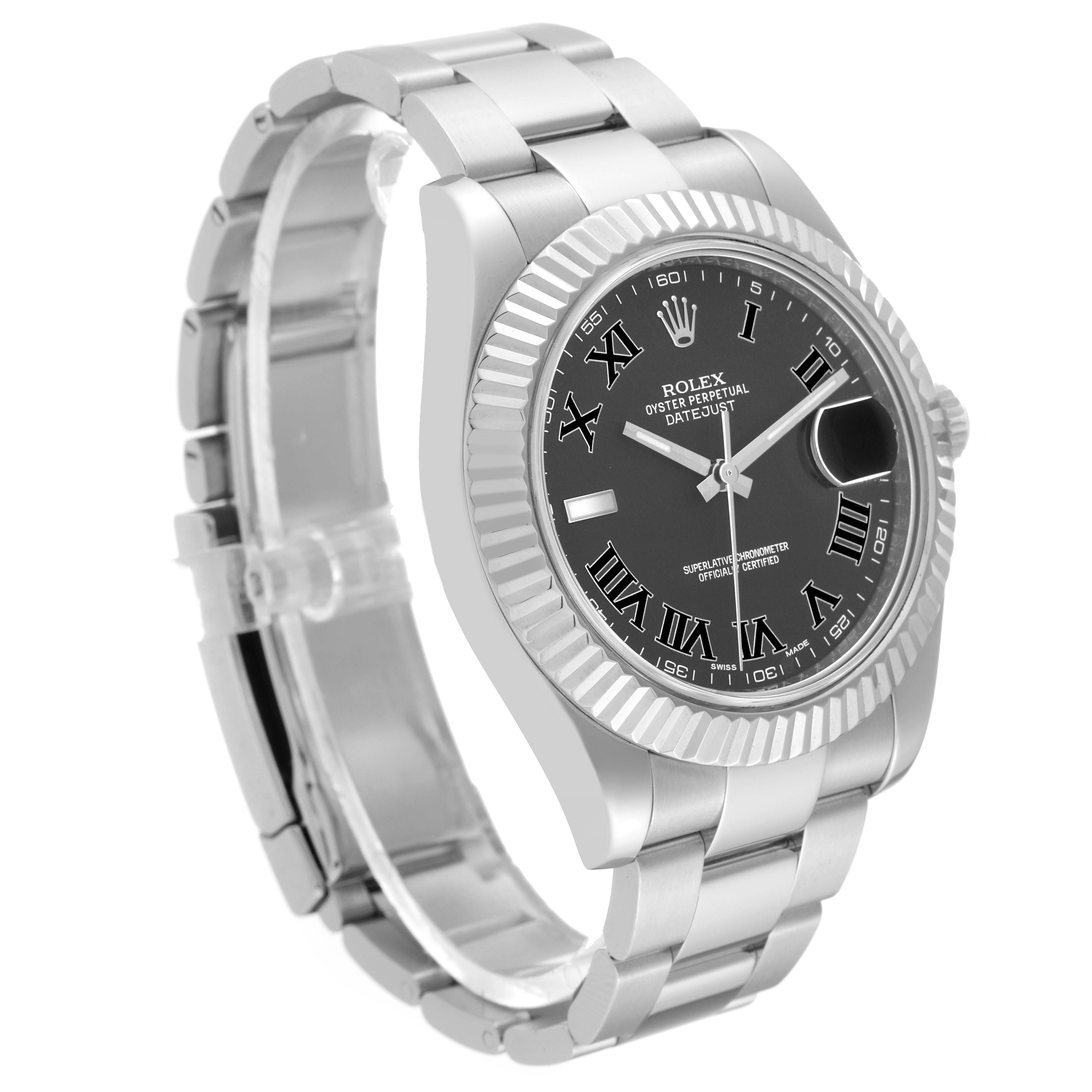 The Rolex Datejust 41 116334 Men
s Stainless Steel Grey Dial 116334 Men
s Stainless Steel Grey Dial is shown at a slight angle, displaying the watch
s face, bezel, and part of its metal bracelet.