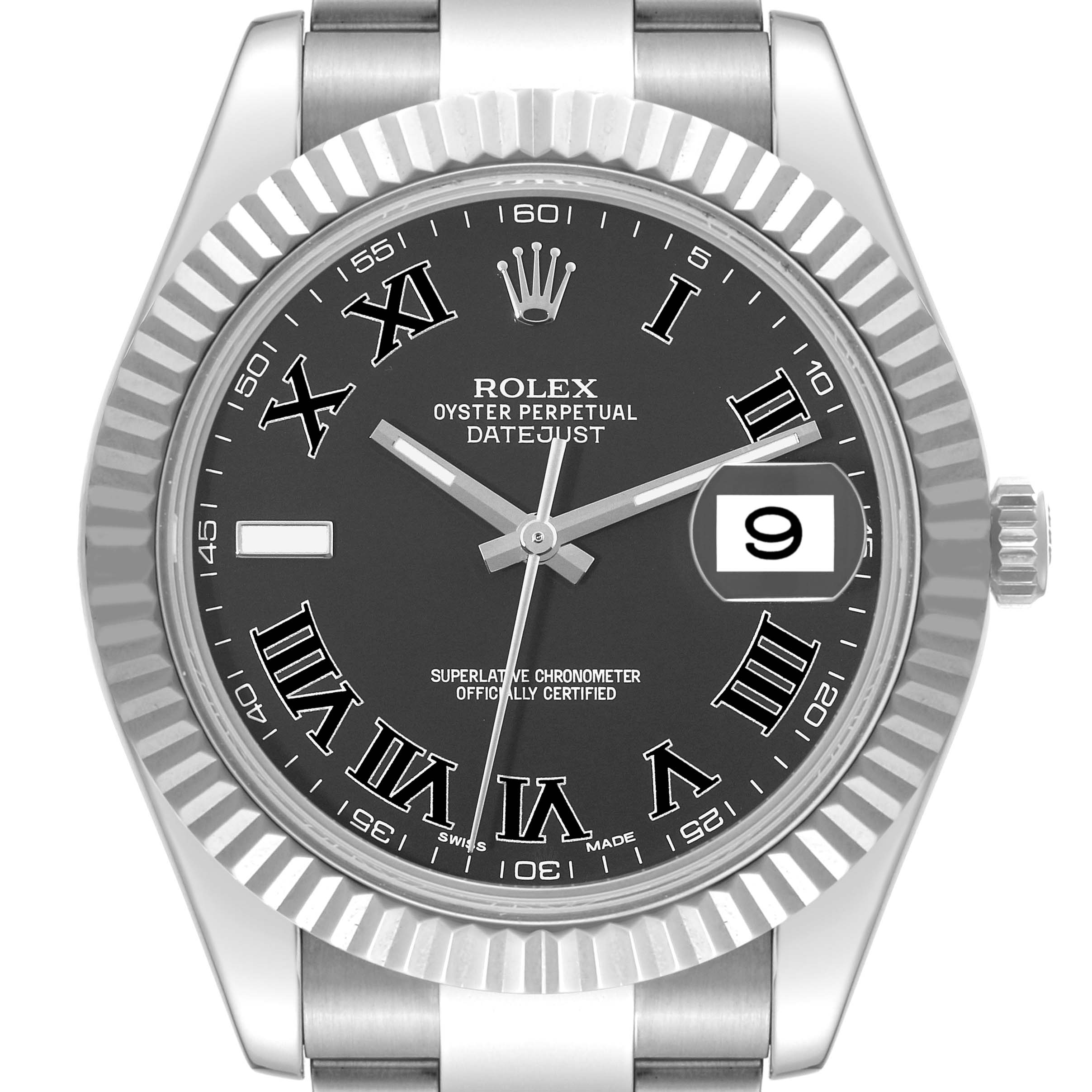This is a front view of the Rolex Datejust 41 116334 Men
s Stainless Steel Grey Dial 116334 Men
s Stainless Steel Grey Dial watch, showing the black dial, roman numeral hour markers, cyclops date window, and fluted bezel.