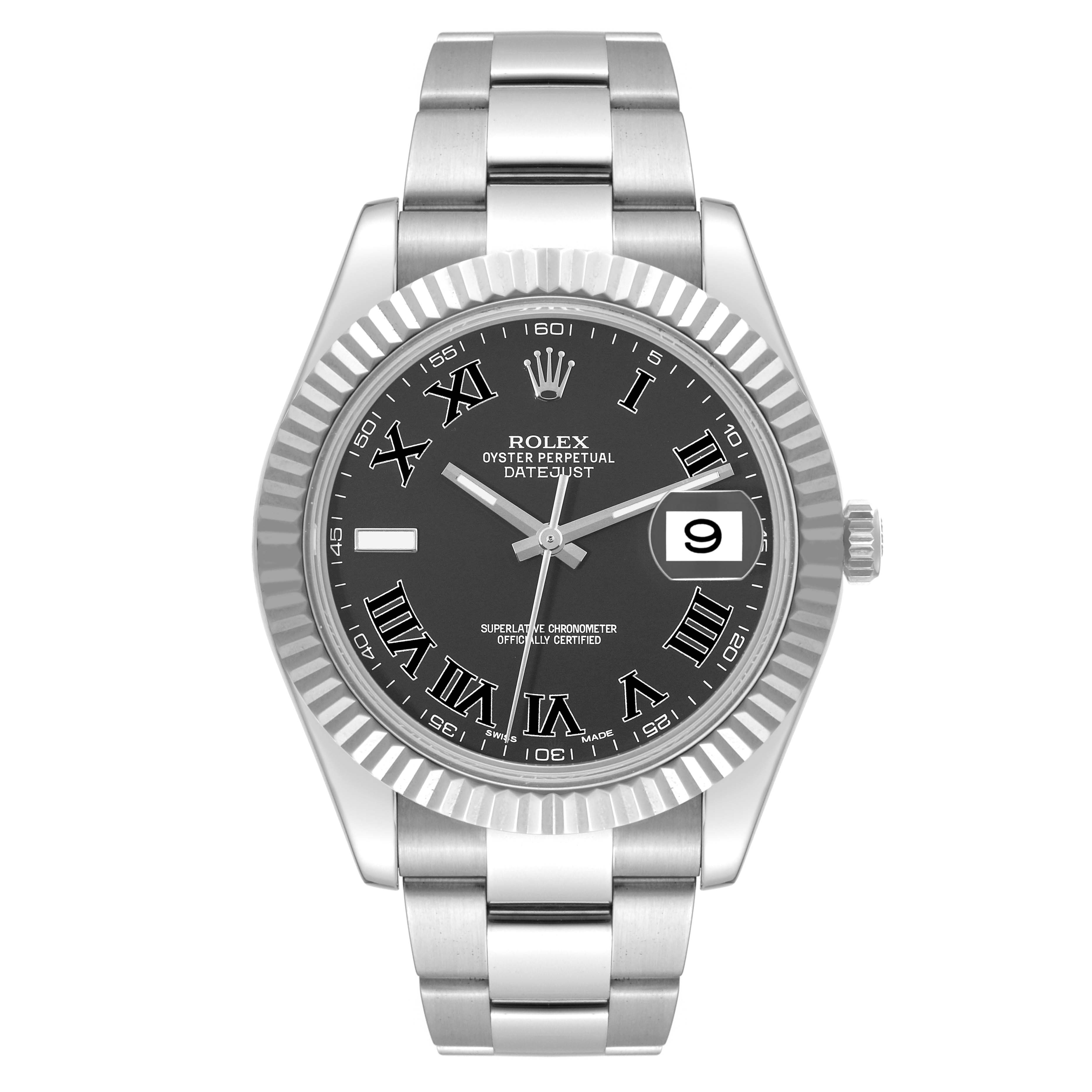 The image shows a Rolex Datejust 41 116334 Men
s Stainless Steel Grey Dial 116334 Men
s Stainless Steel Grey Dial watch, displaying the face, bezel, and bracelet from a front angle.