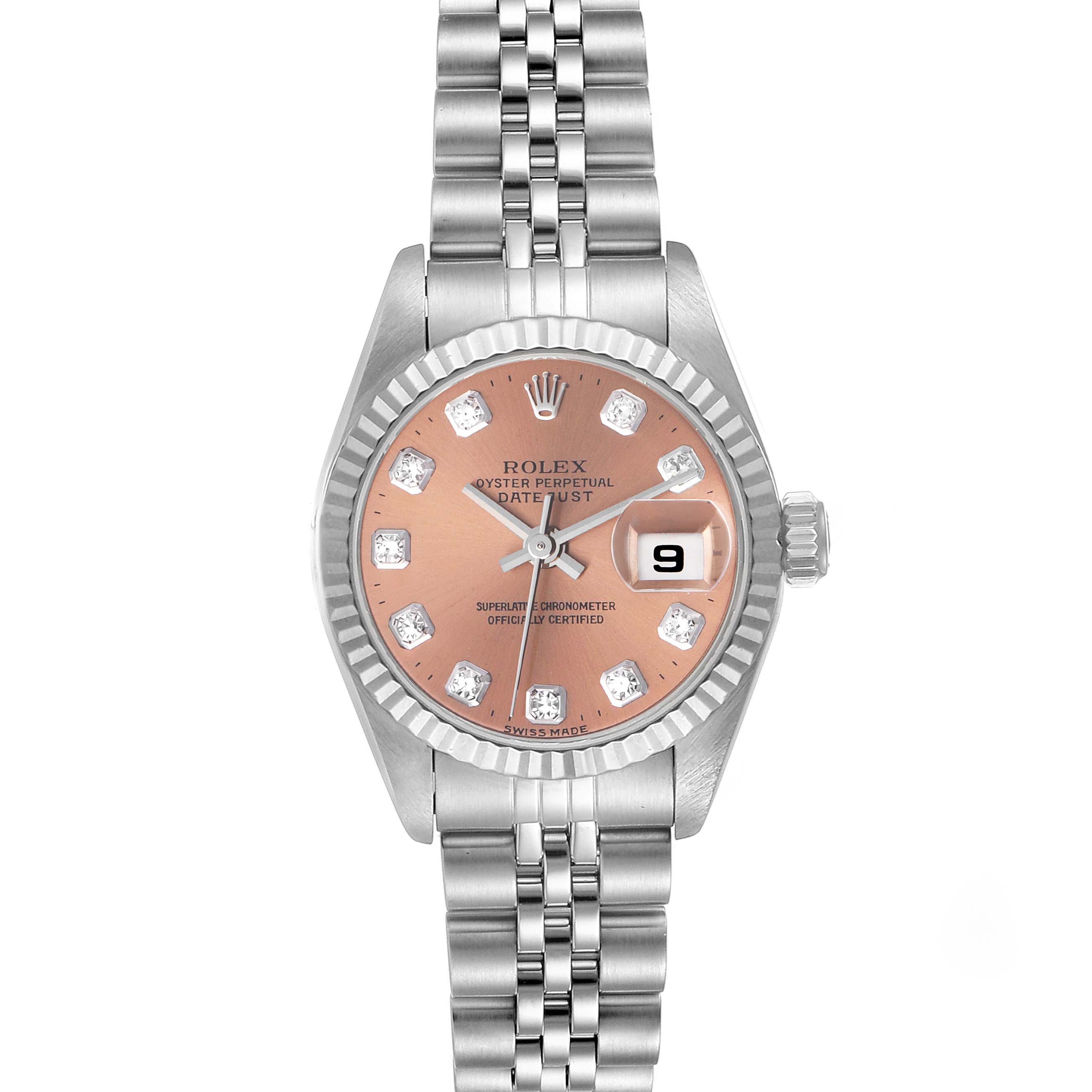 The image shows a frontal view of a Rolex Datejust 69174 Women's Stainless Steel Pink Dial 69174 Women's Stainless Steel Pink Dial watch, highlighting its dial, case, bezel, bracelet, and date window.