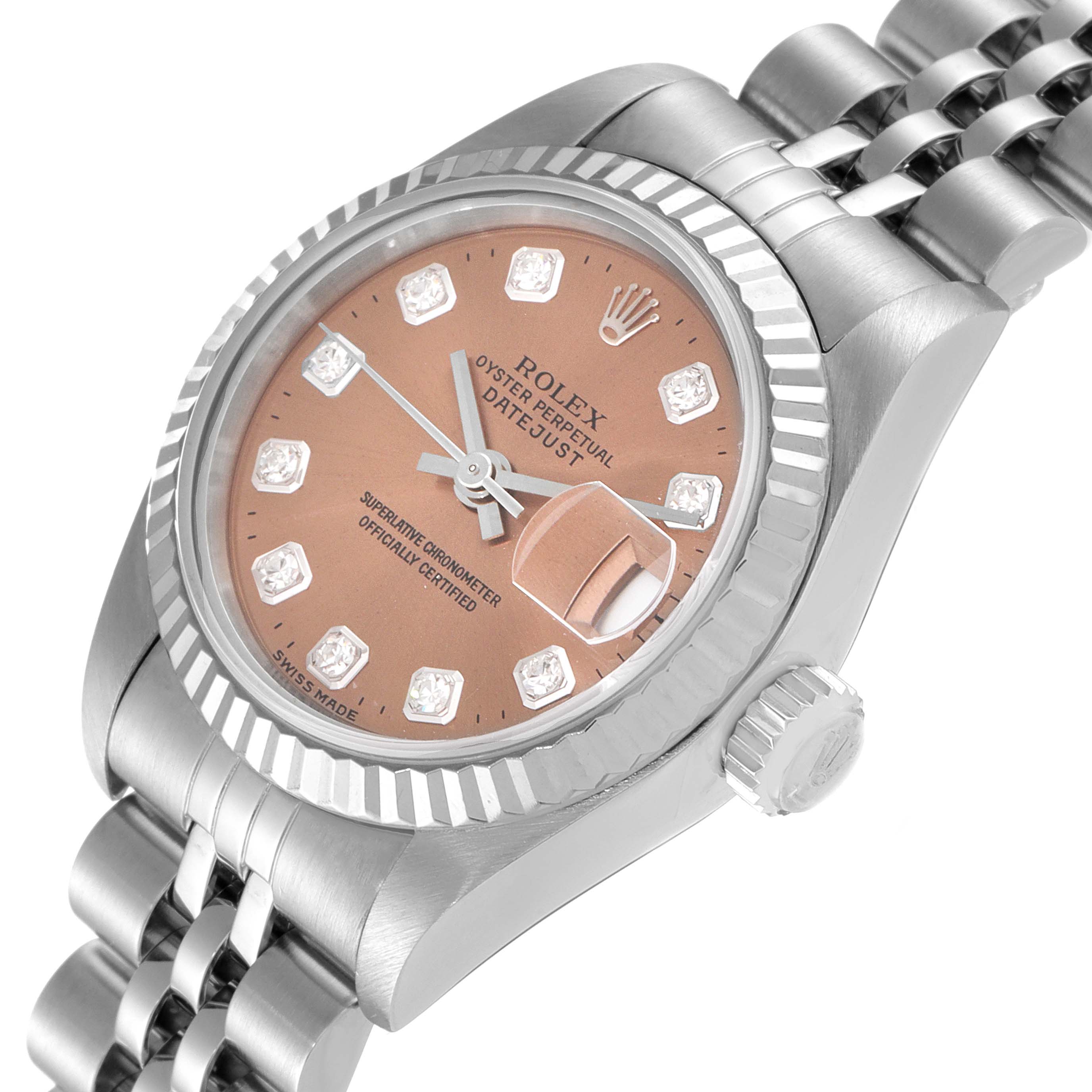 The Rolex Datejust 69174 Women's Stainless Steel Pink Dial 69174 Women's Stainless Steel Pink Dial watch is shown from a slightly angled close-up, highlighting the dial, crown, and part of the bracelet.