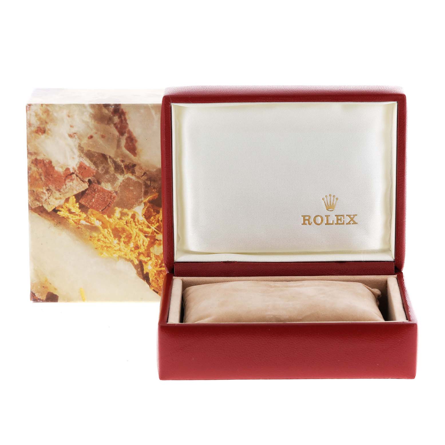 This is a front view of a Rolex Datejust 69174 Women's Stainless Steel Pink Dial 69174 Women's Stainless Steel Pink Dial watch box, showing the outer box and an open inner box with a Rolex logo.