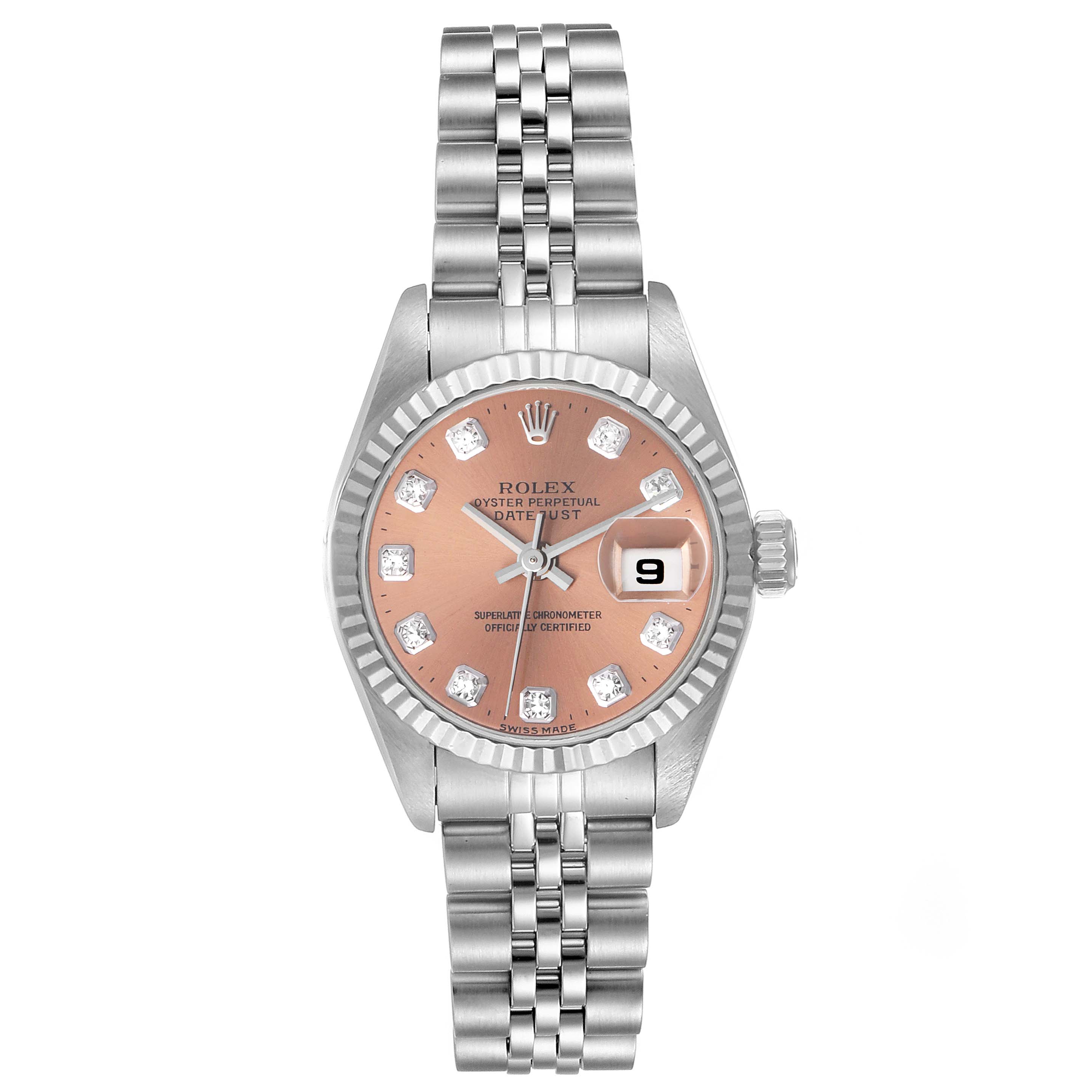 This image shows a Rolex Datejust 69174 Women's Stainless Steel Pink Dial 69174 Women's Stainless Steel Pink Dial watch from a front view, displaying its dial, bezel, and bracelet.