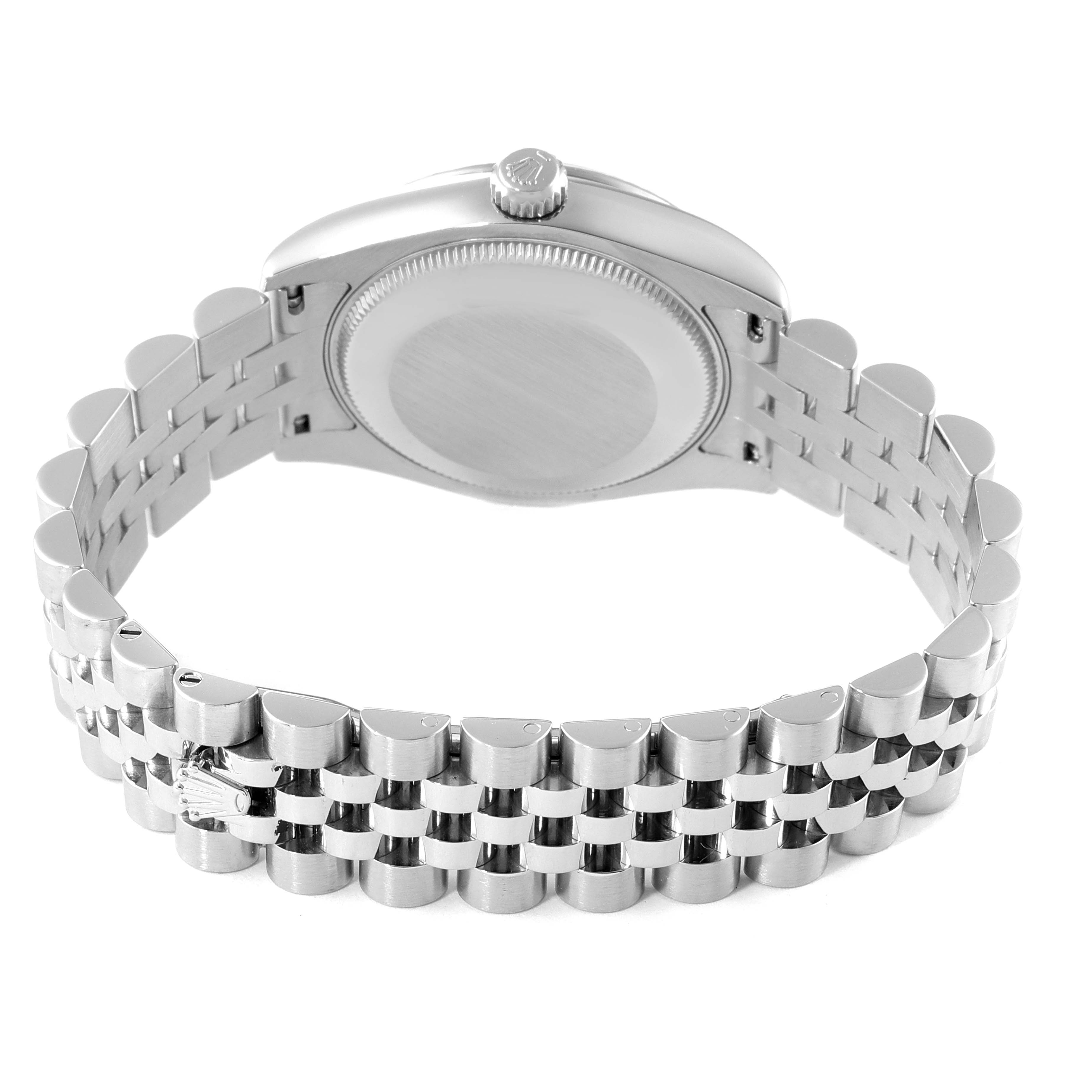 The image shows the back view of a Rolex Mid-Size 178274 Women's Stainless Steel Mother of Pearl Dial 178274 Women's Stainless Steel Mother of Pearl Dial watch, highlighting the case back and the bracelet.