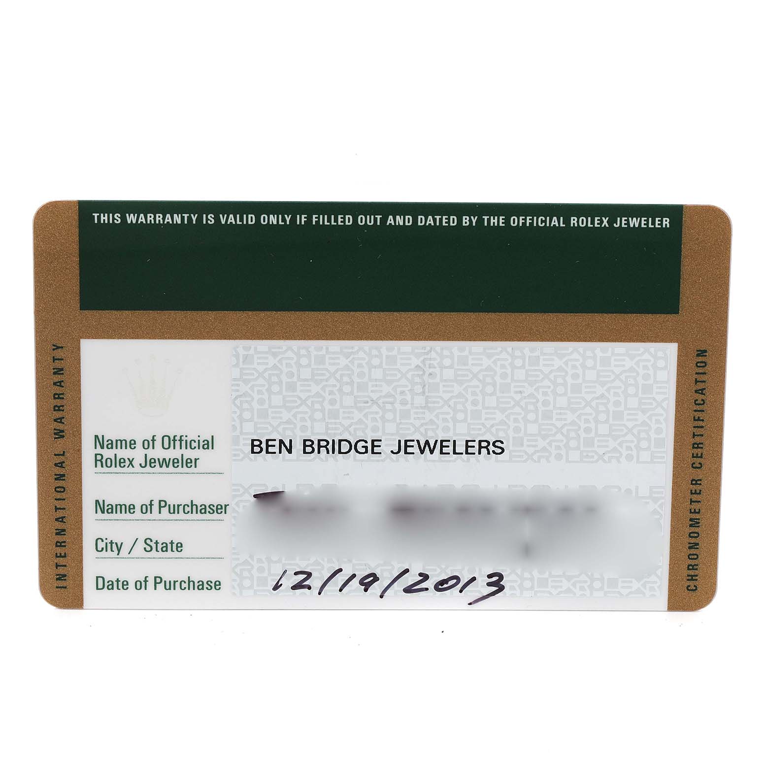 This is the warranty card for the Mid-Size model Rolex watch.